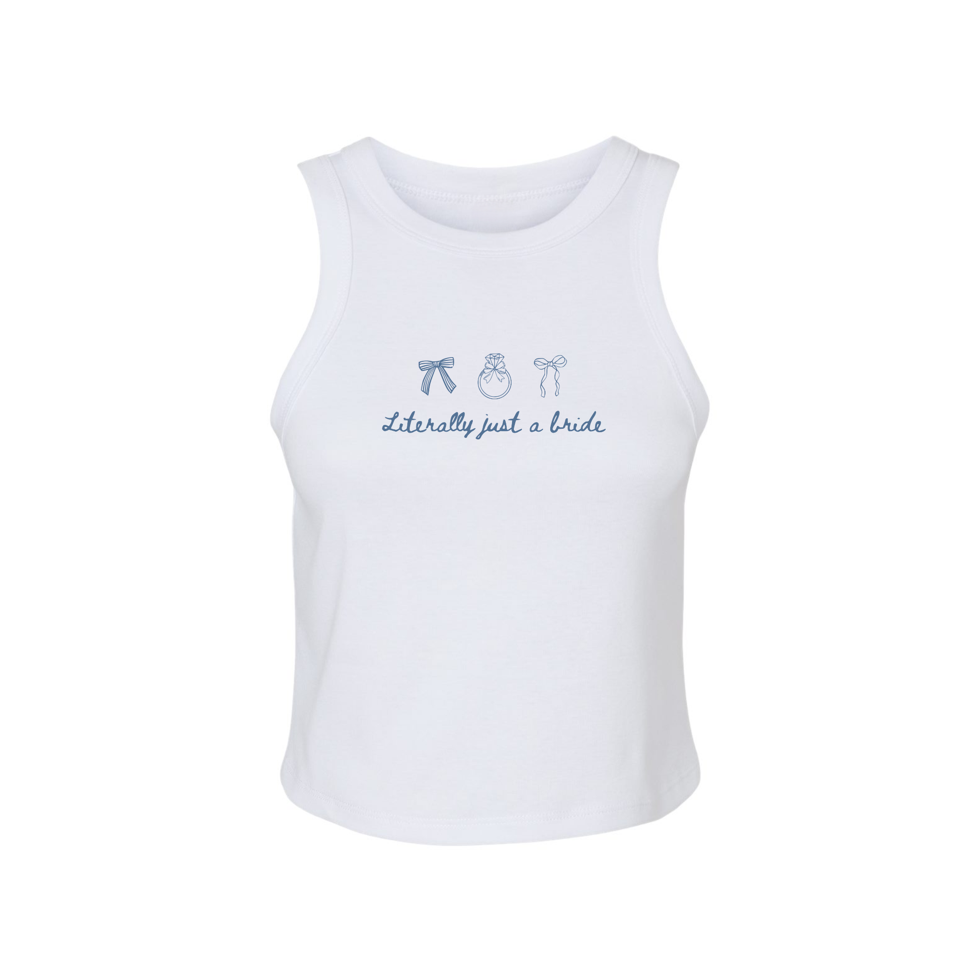 White ribbed bridal crop tank with minimalist blue Literally just a bride graphic on flat lay