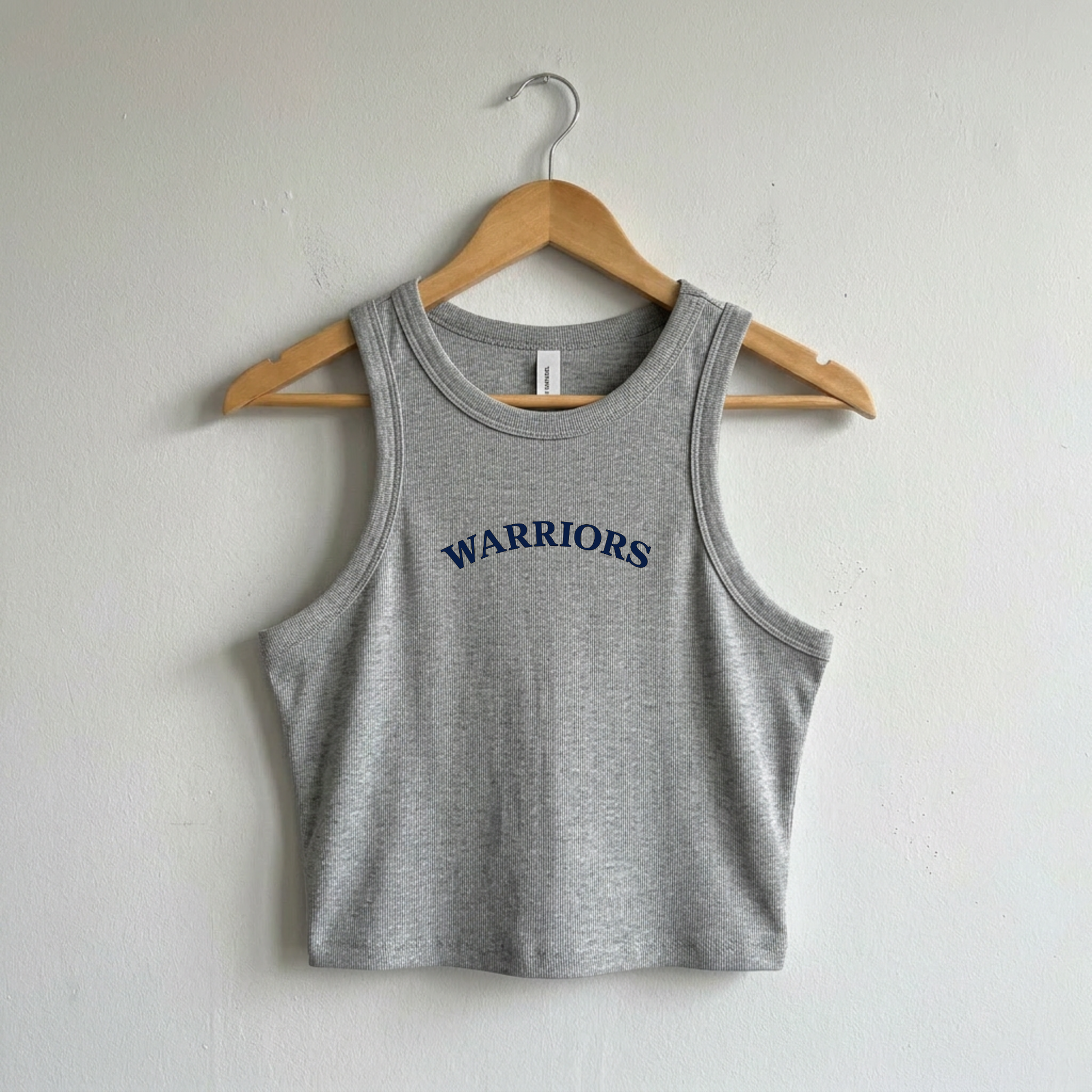 Athletic heather gray ribbed crop tank featuring navy Sterling Warriors arched varsity graphic