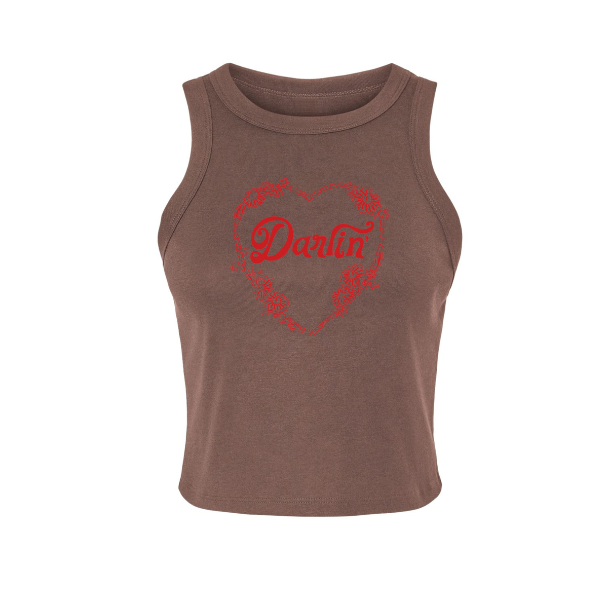 Cocoa brown ribbed women's tank top featuring red Darlin floral heart western graphic
