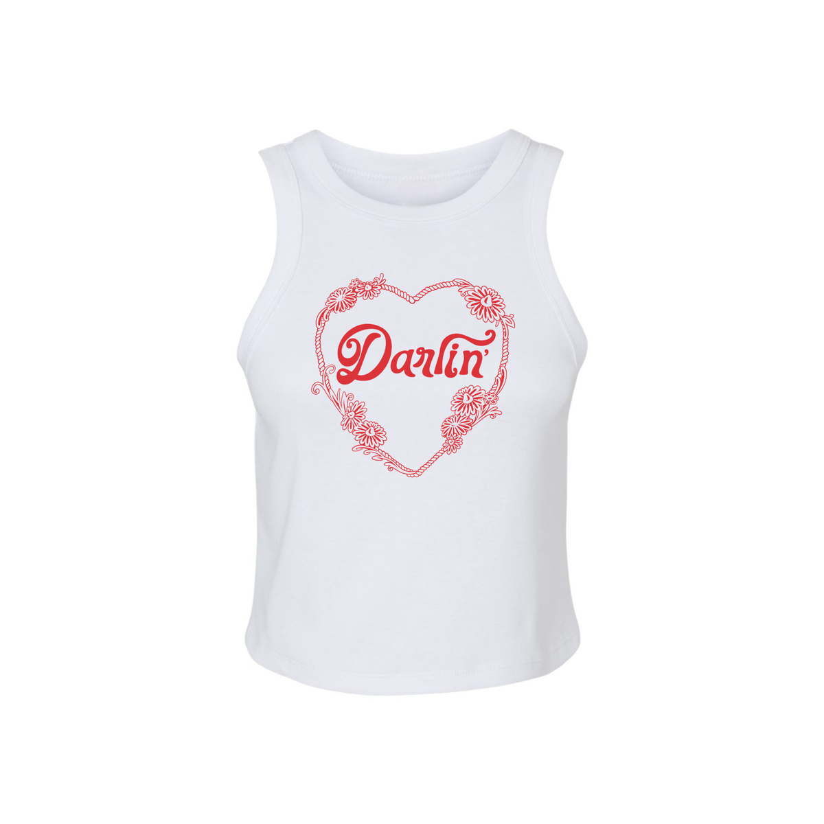 White ribbed women's tank top with red Darlin floral heart graphic