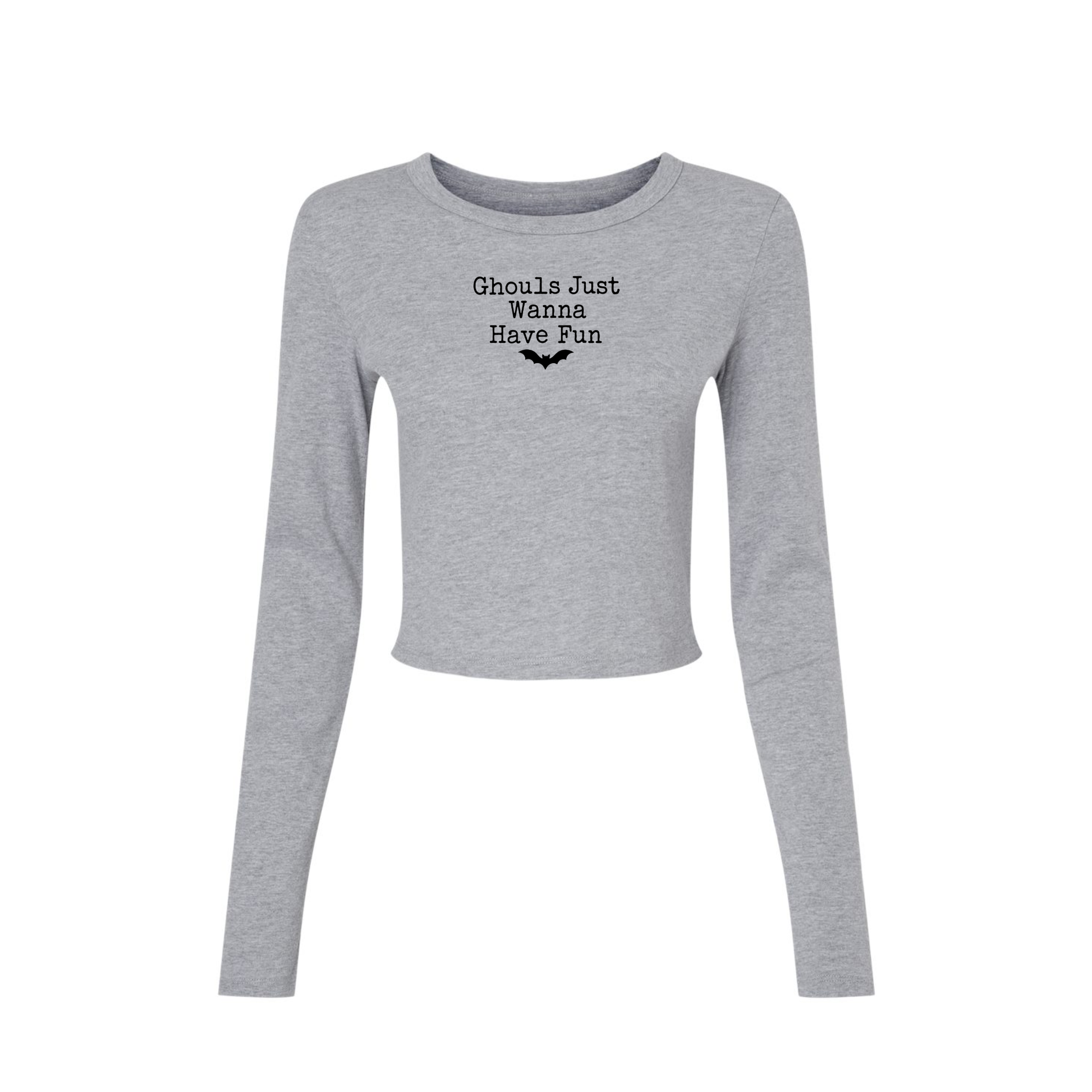 Athletic heather fitted long sleeve crop tee featuring black Ghouls Just Wanna Have Fun Halloween graphic with bat.