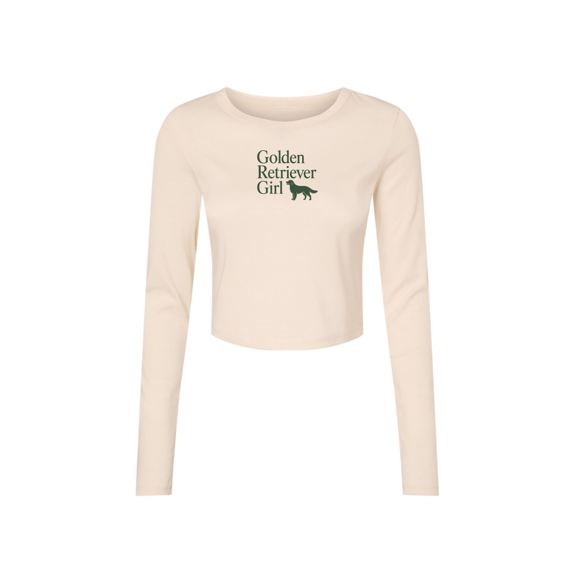 Natural fitted long sleeve crop tee featuring a minimalist green Golden Retriever Girl graphic with a Golden Retriever silhouette.