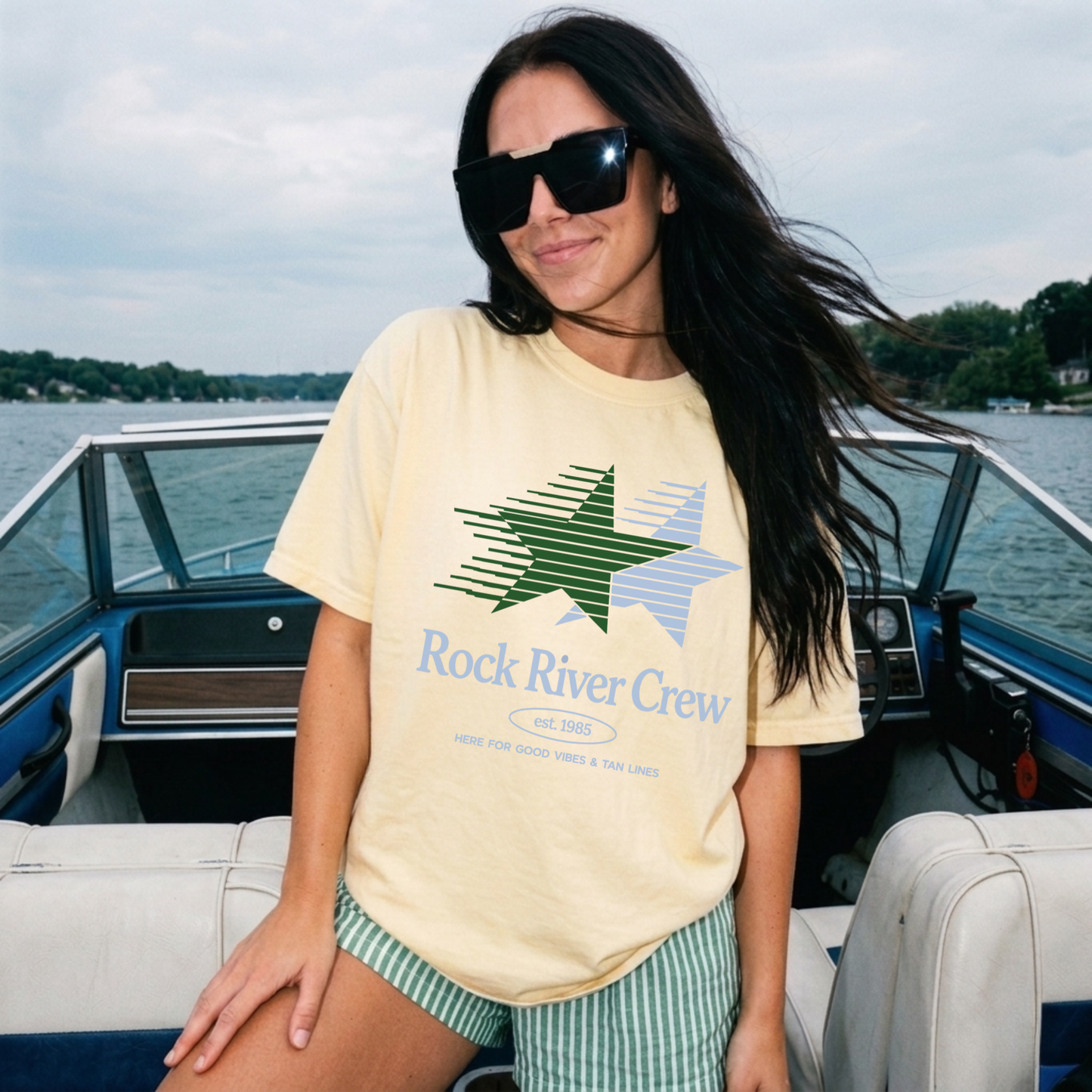 butter yellow rock river crew tee summer river outfit boating