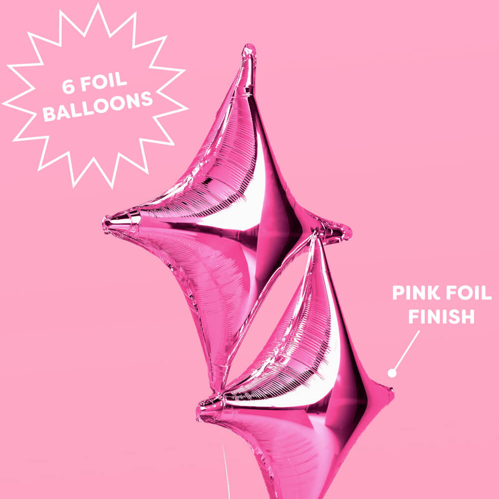 Pink foil balloon on a pink background with text indicating '6 Foil Balloons' and 'Pink Foil Finish'.