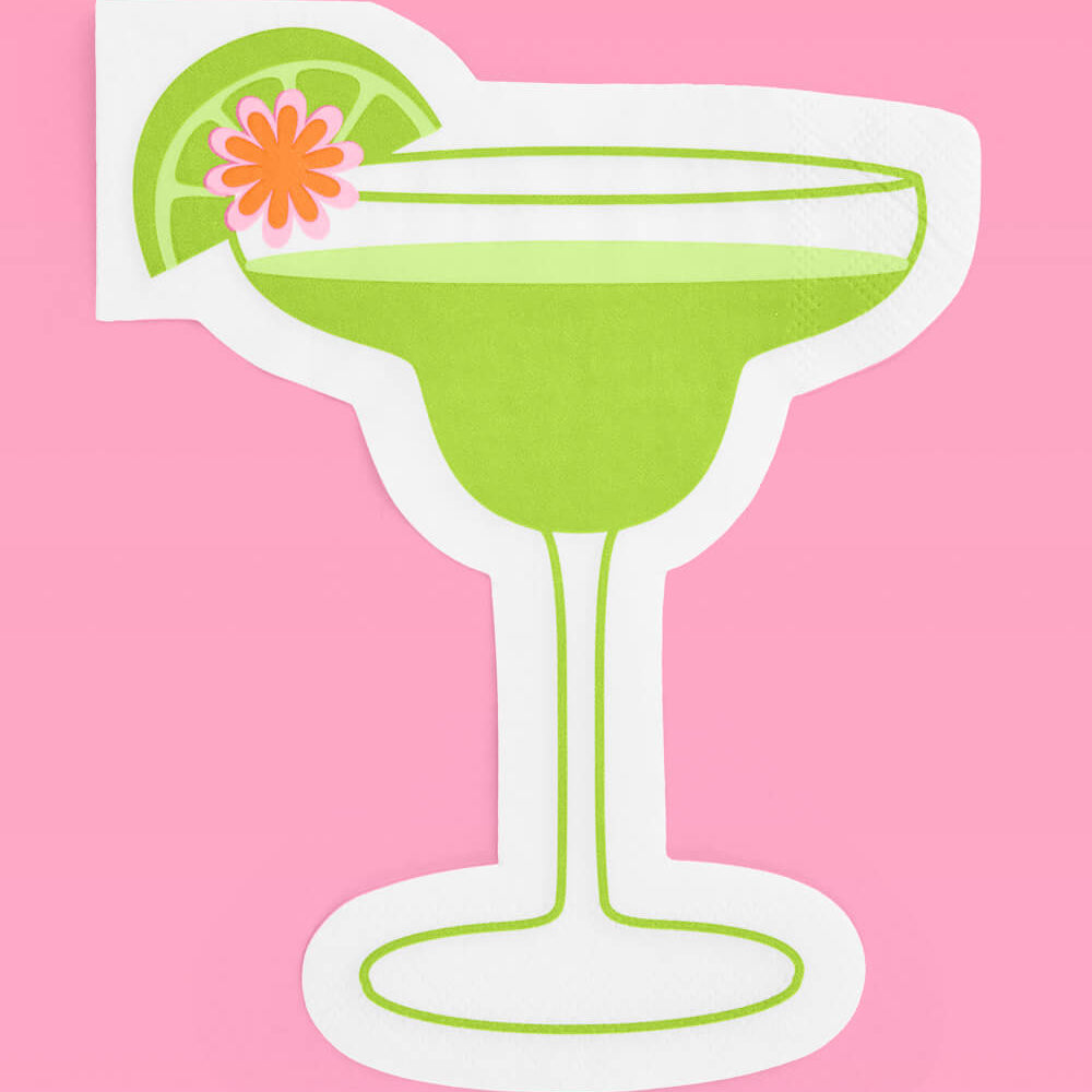 Green margarita shaped napkin with a lime and flower on a pink background