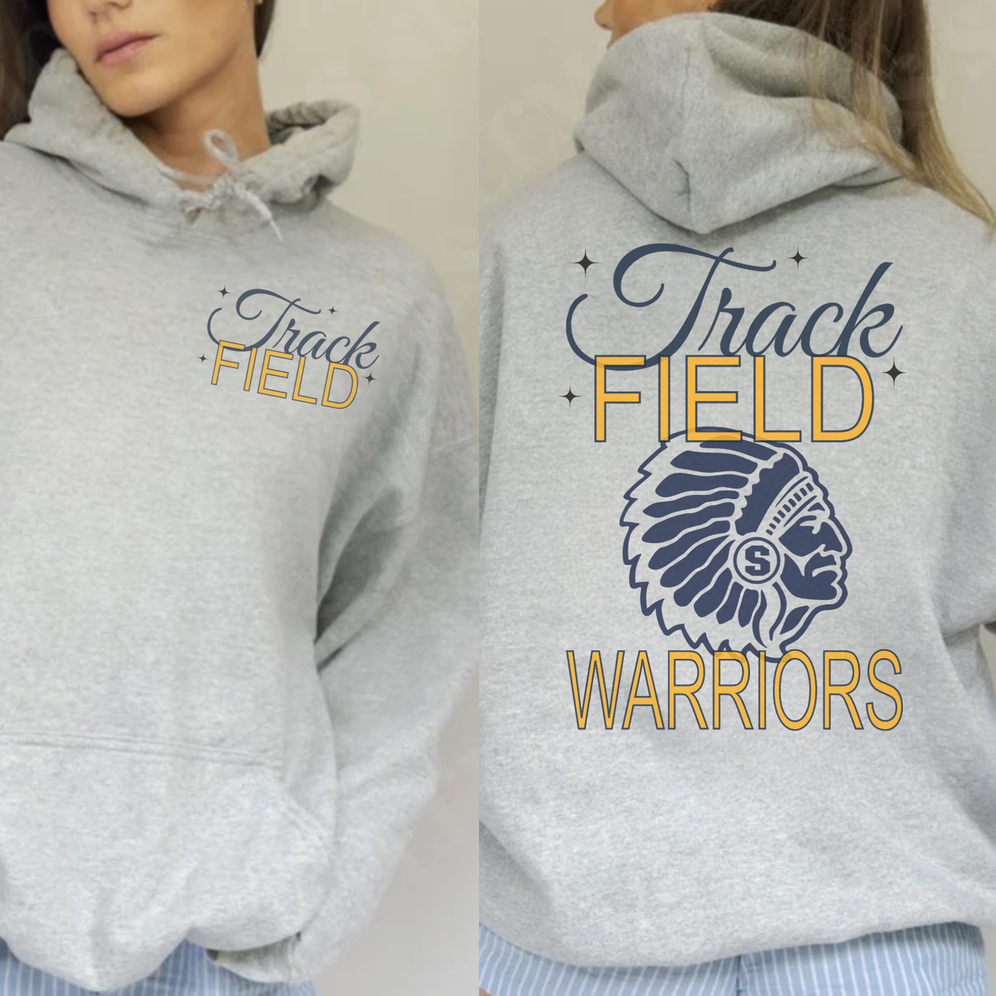Gray hoodie with 'Track Field Warriors' design on the back