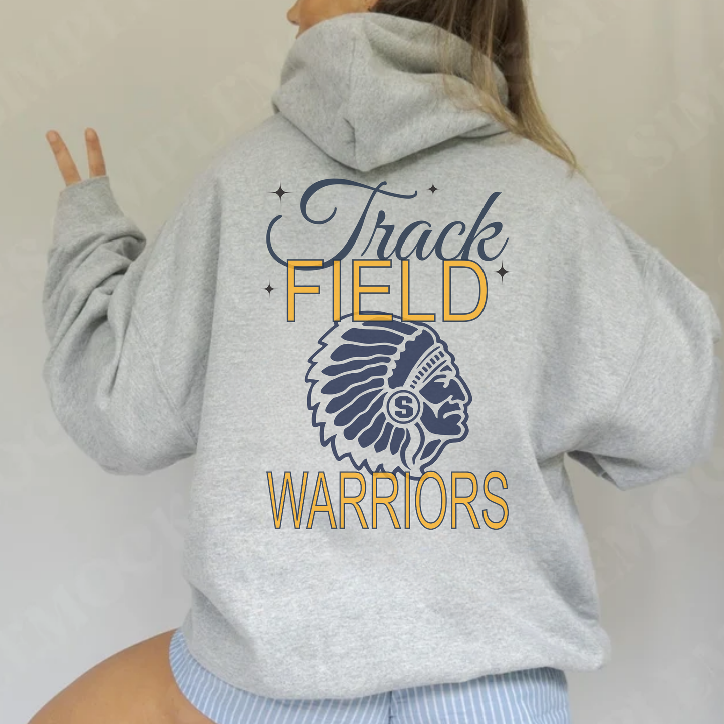 Back view of Track Field Warriors hoodie featuring large school spirit graphic on ash grey sweatshirt