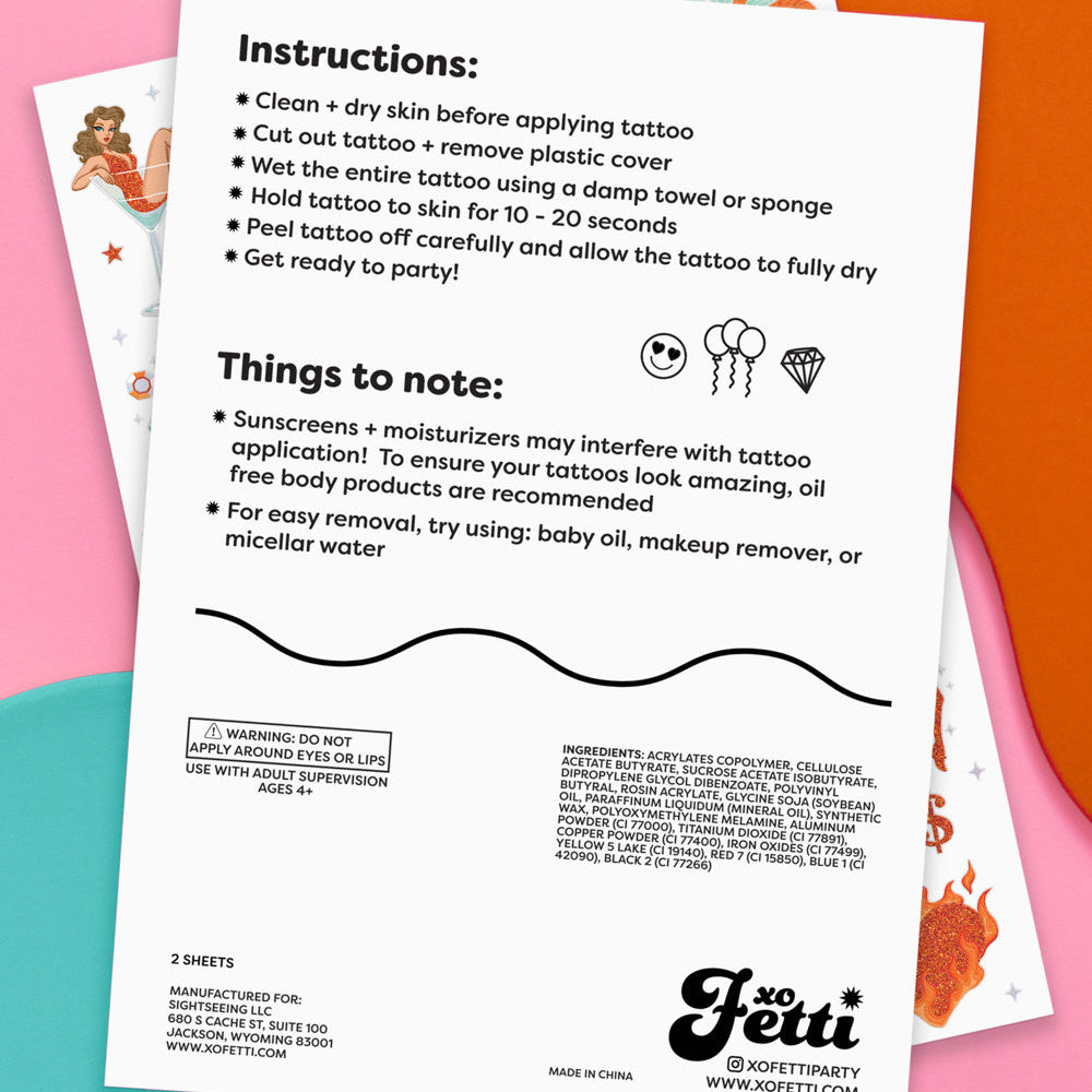 Instructions sheet for a tattoo with colorful designs on a pink and orange background