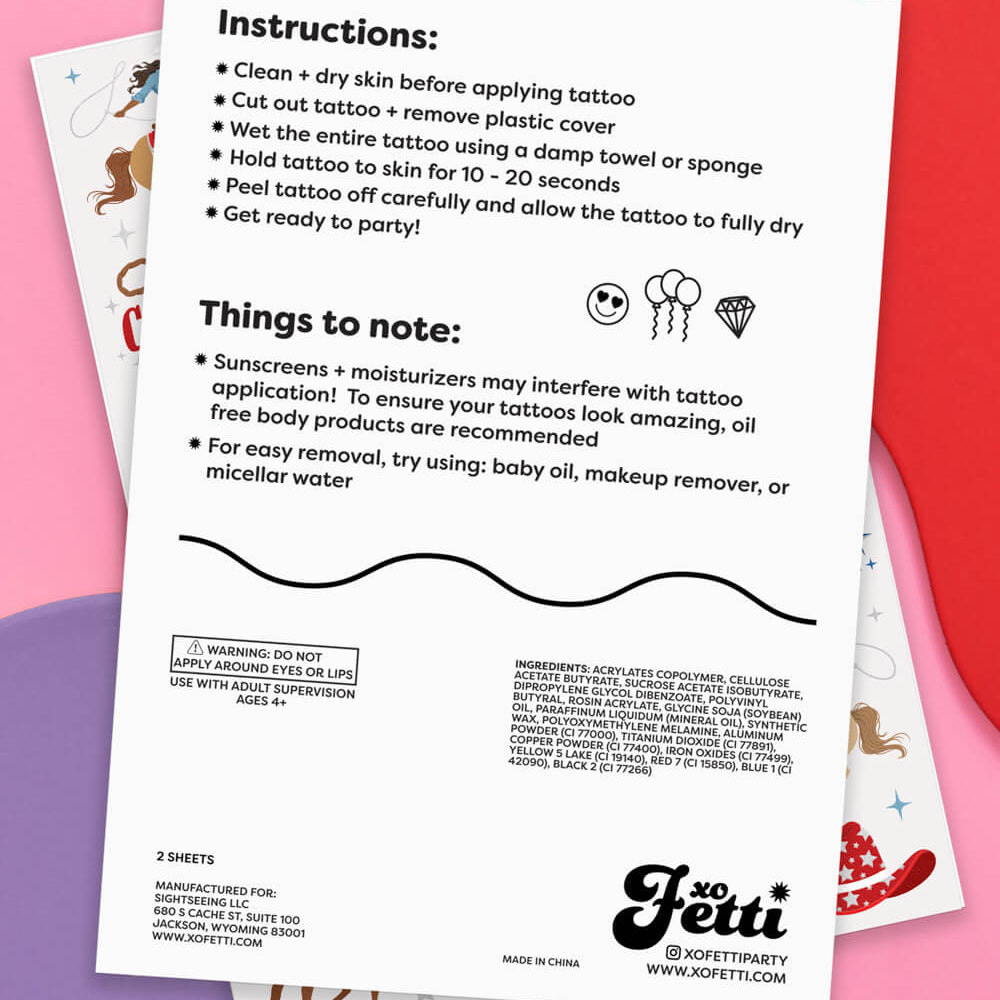 Instructions sheet for a temporary tattoo with branding on a colorful background