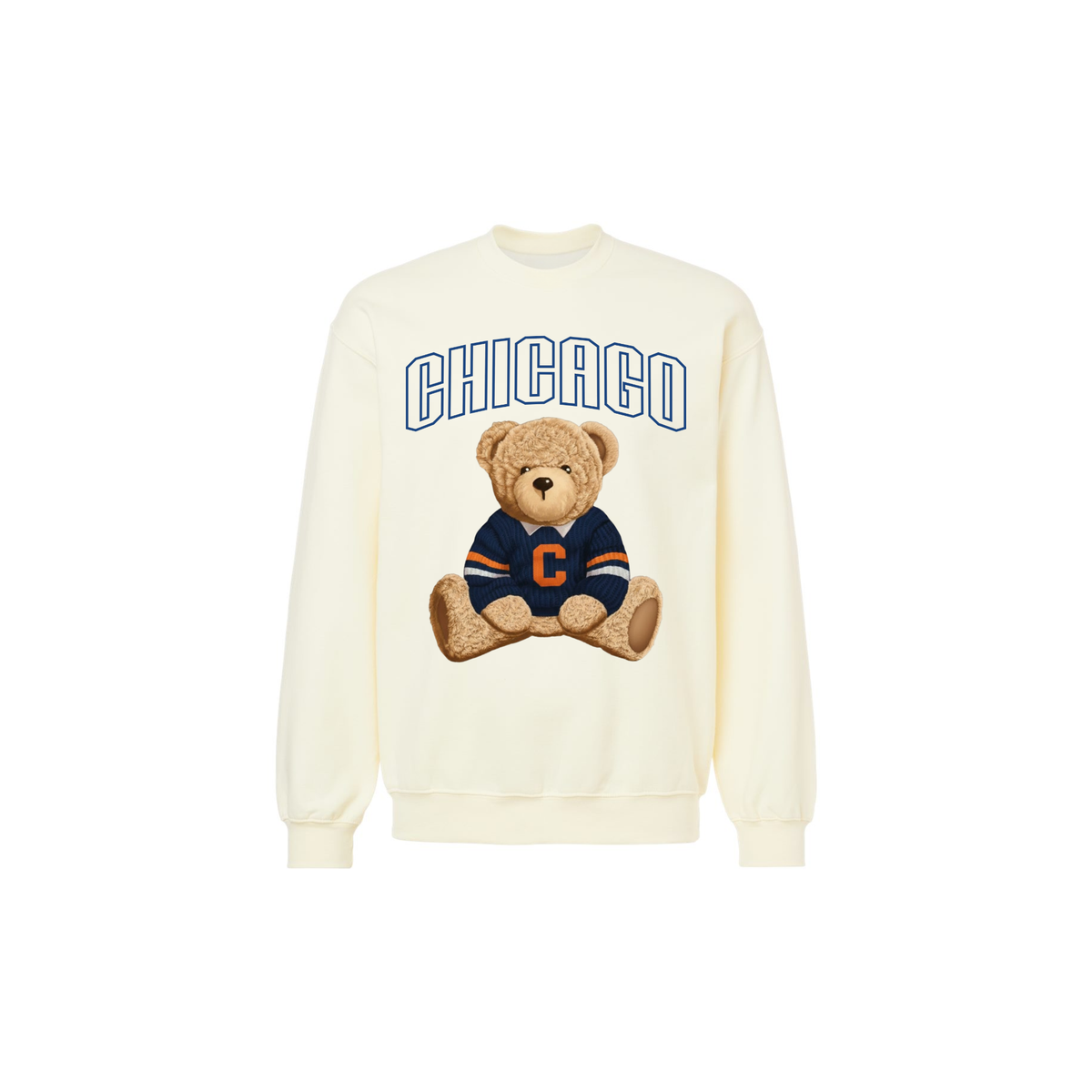 Off-white Chicago vintage teddy bear sweatshirt featuring arched navy varsity lettering and cute football bear graphic