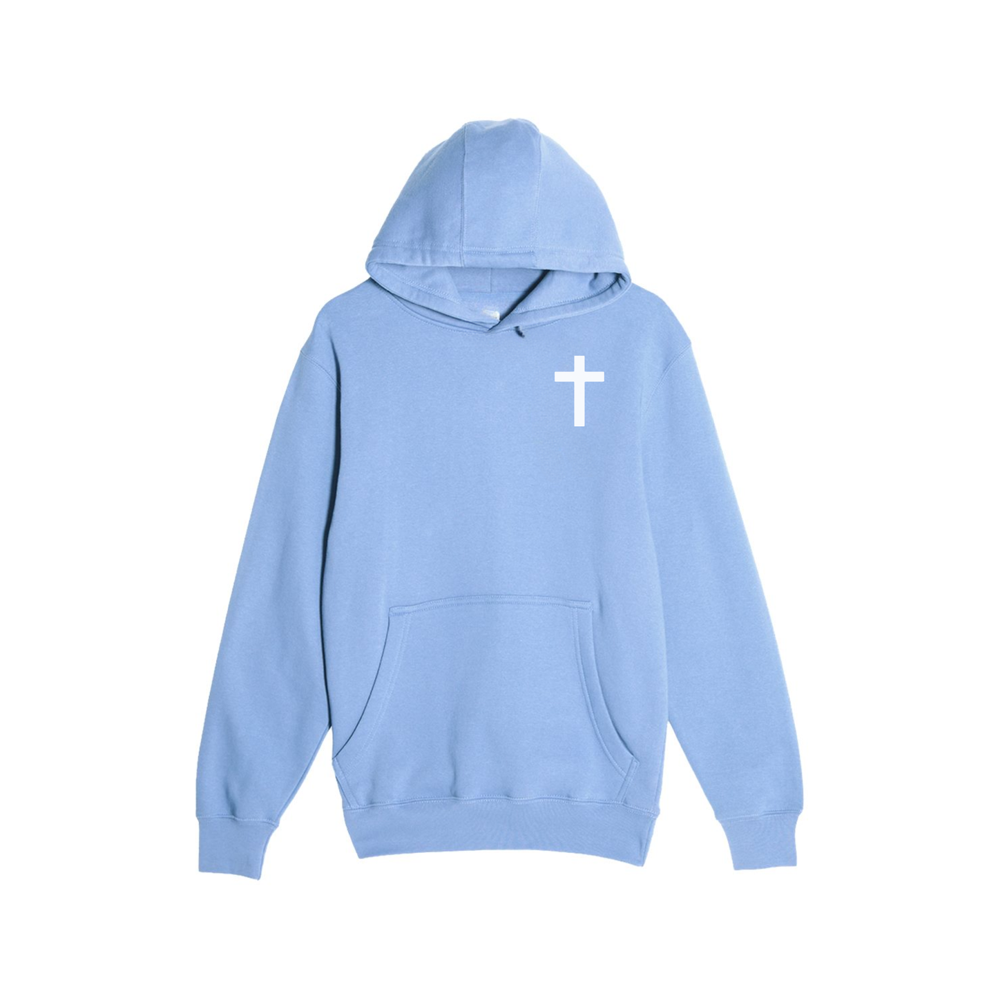 Saved By His Grace premium Christian hoodie in colony blue with minimalist white cross on front chest.