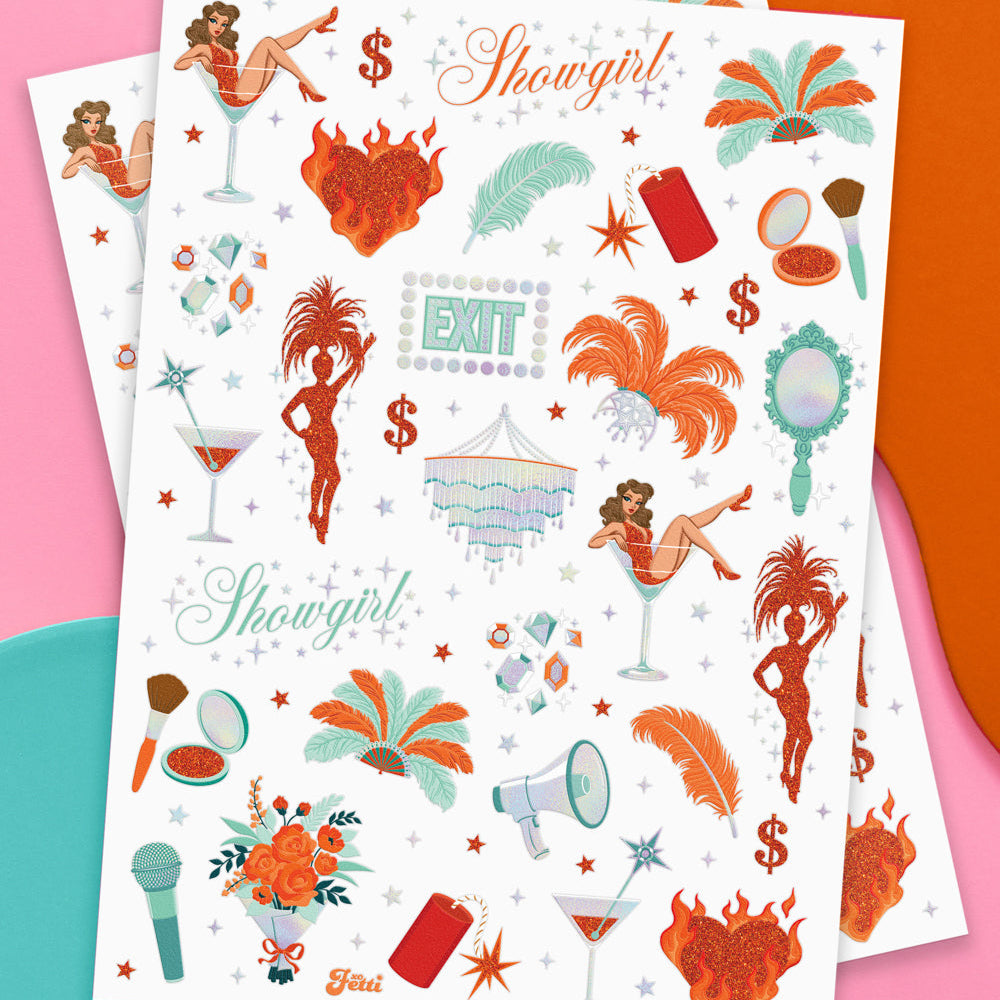 Two sheets of Showgirl-themed temporary tattoos on a colorful background