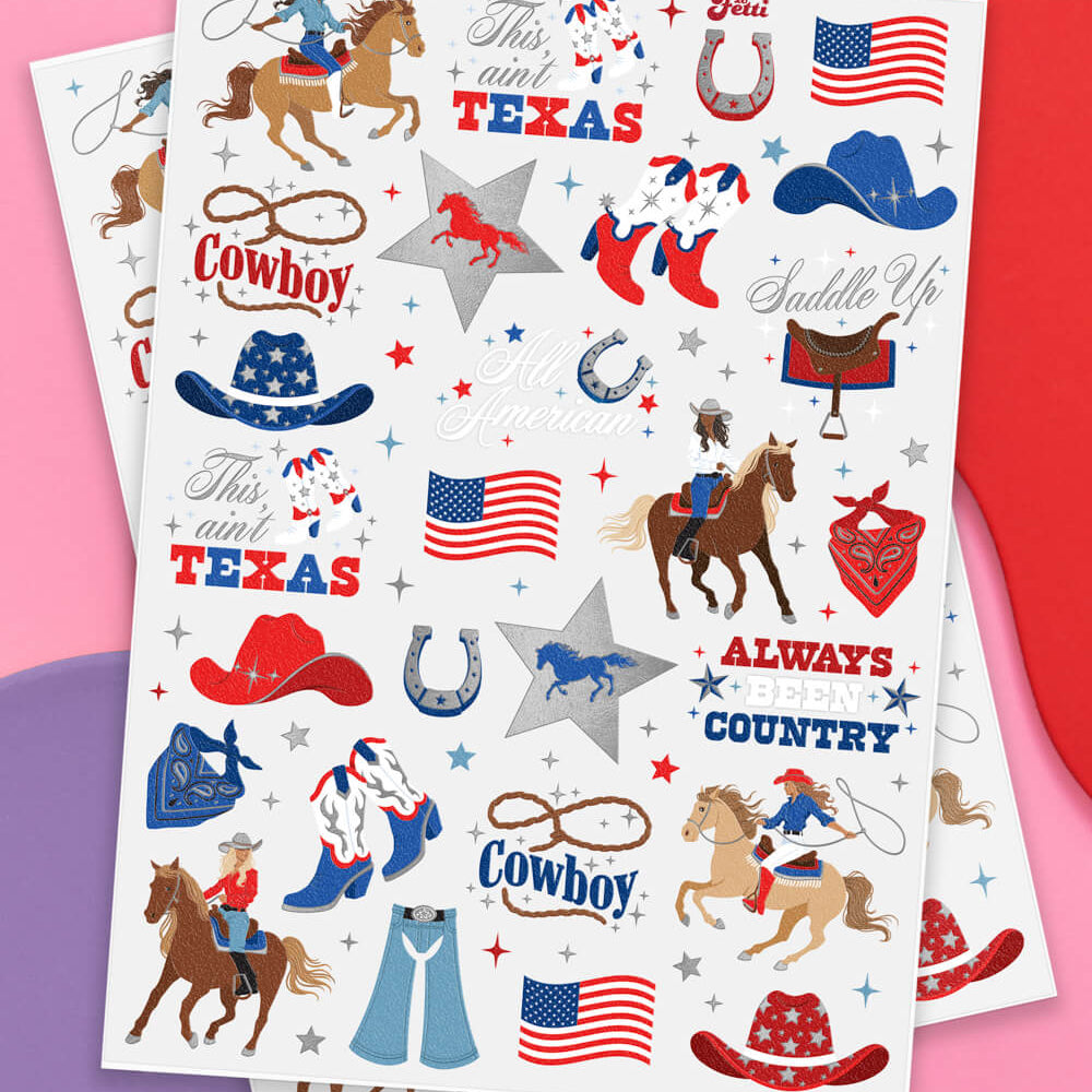 Two sheets of cowboy-themed tattoos with graphics on a colorful background
