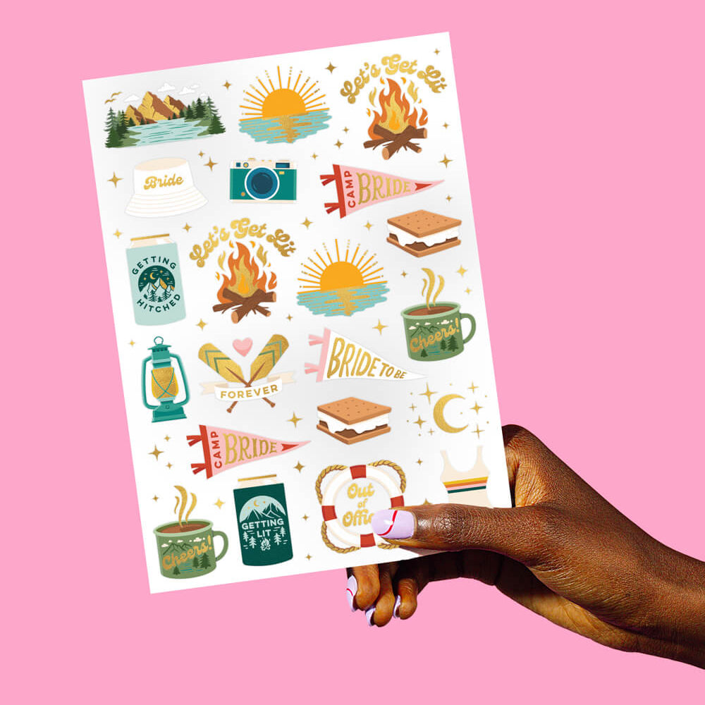 Camp Bride metallic foil temporary tattoo sheet with campfire and bride designs