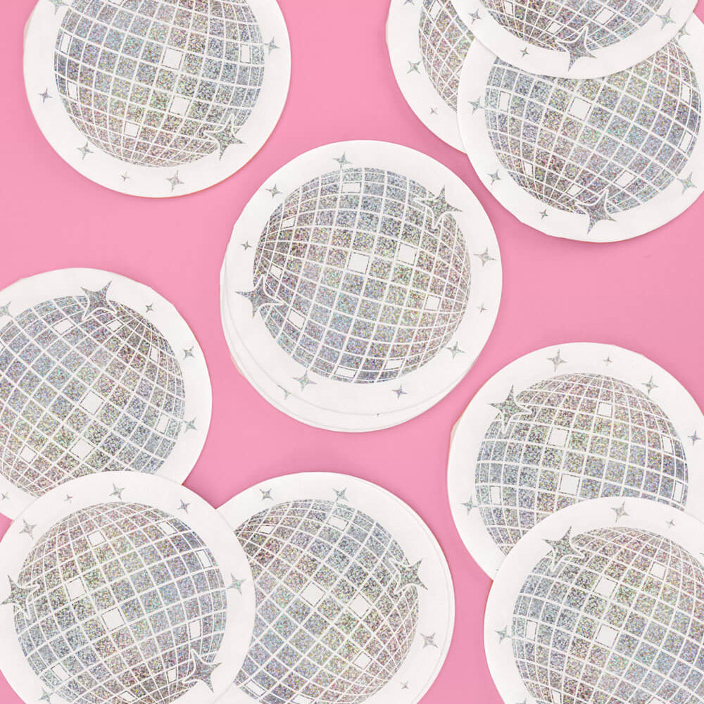 Silver disco ball design napkins  on a pink background
