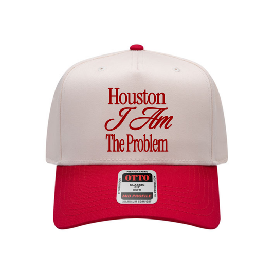 Two-tone Houston I Am The Problem trucker hat with red brim and canvas crown