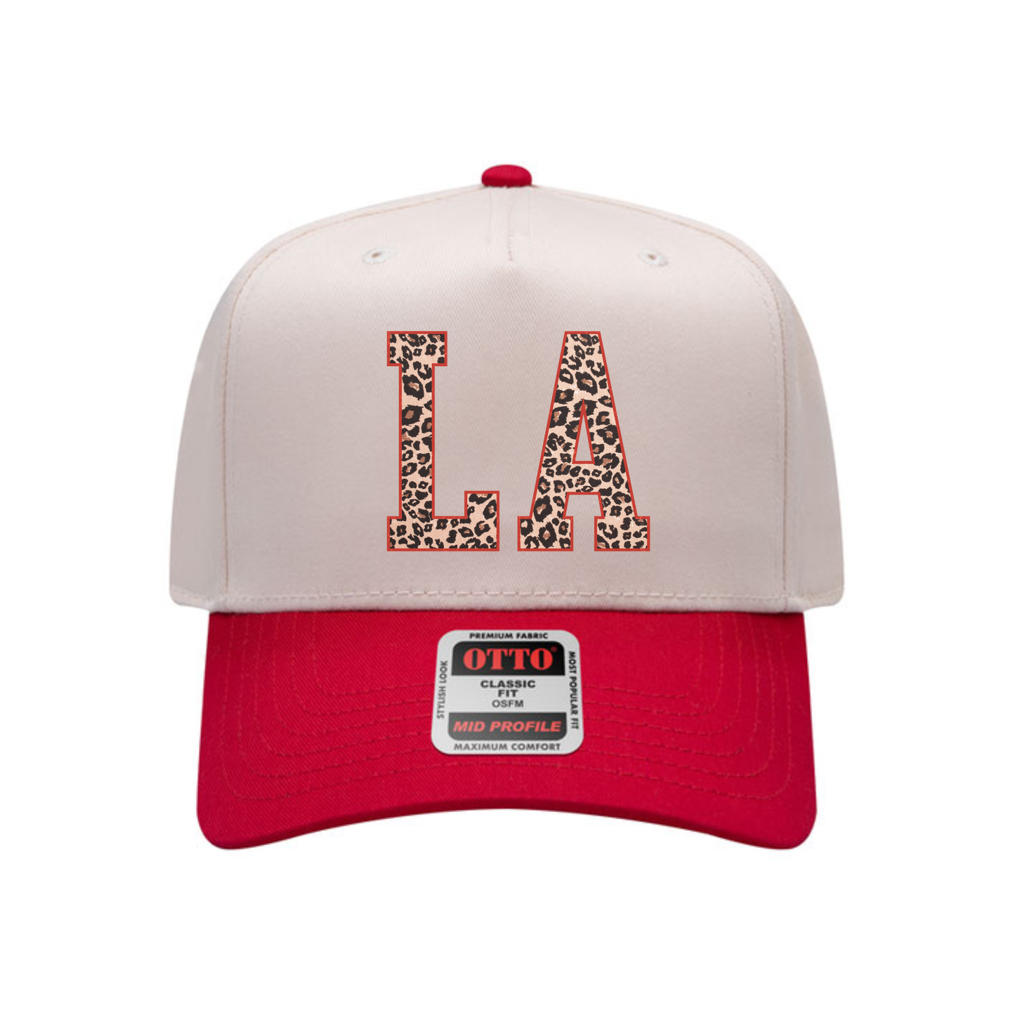 Leopard LA initial canvas baseball hat flat lay product photo