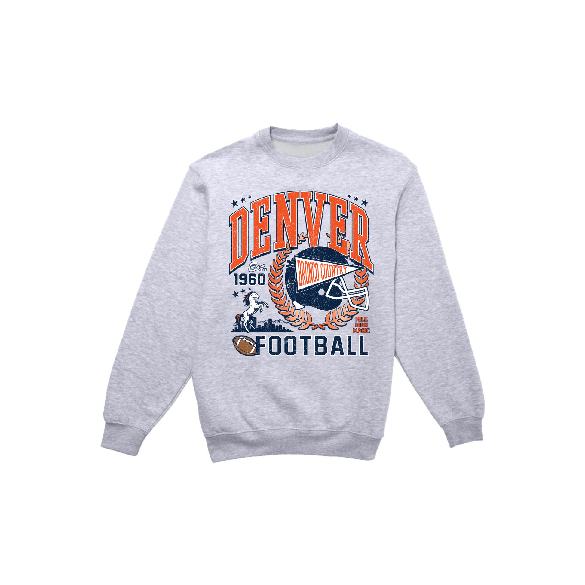 Heather gray Denver football crewneck sweatshirt with vintage orange navy and white football graphic