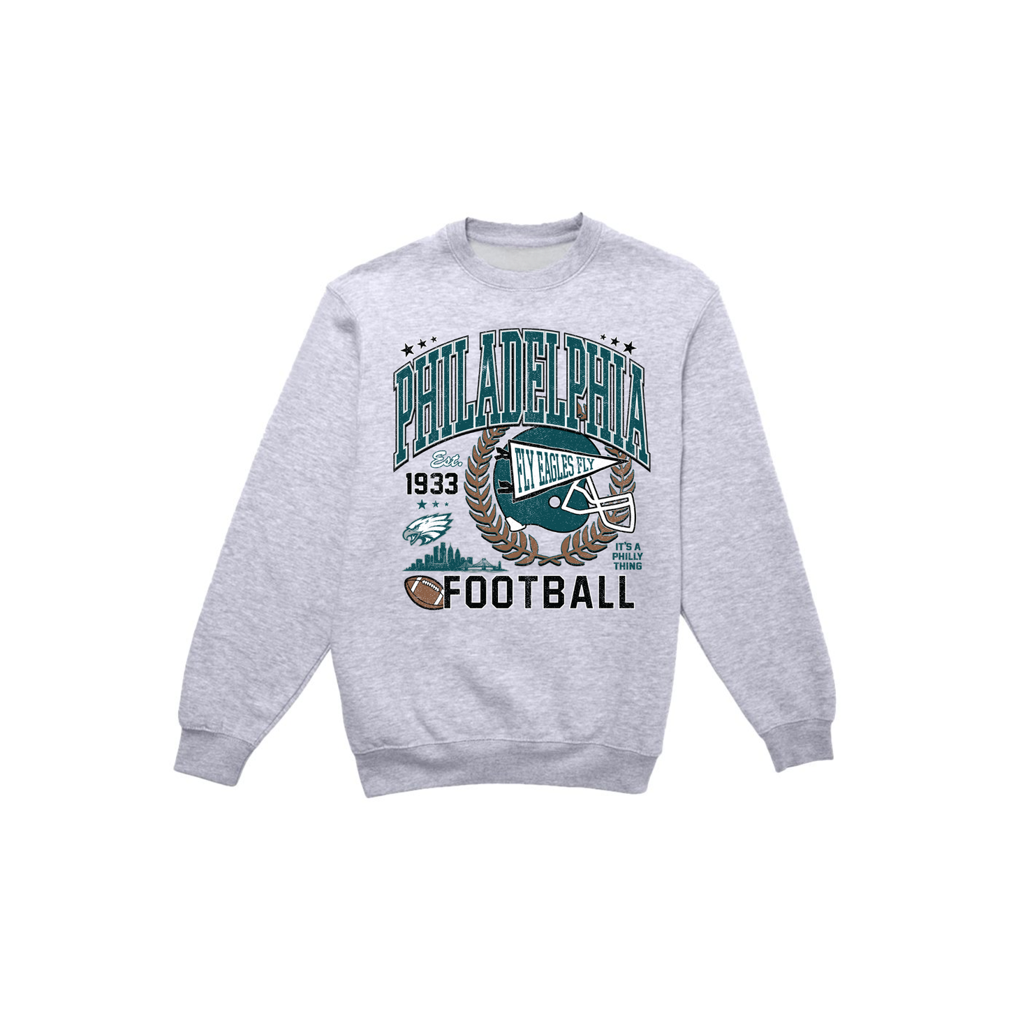 Heather gray Philadelphia football crewneck with retro green helmet, skyline and collegiate graphic