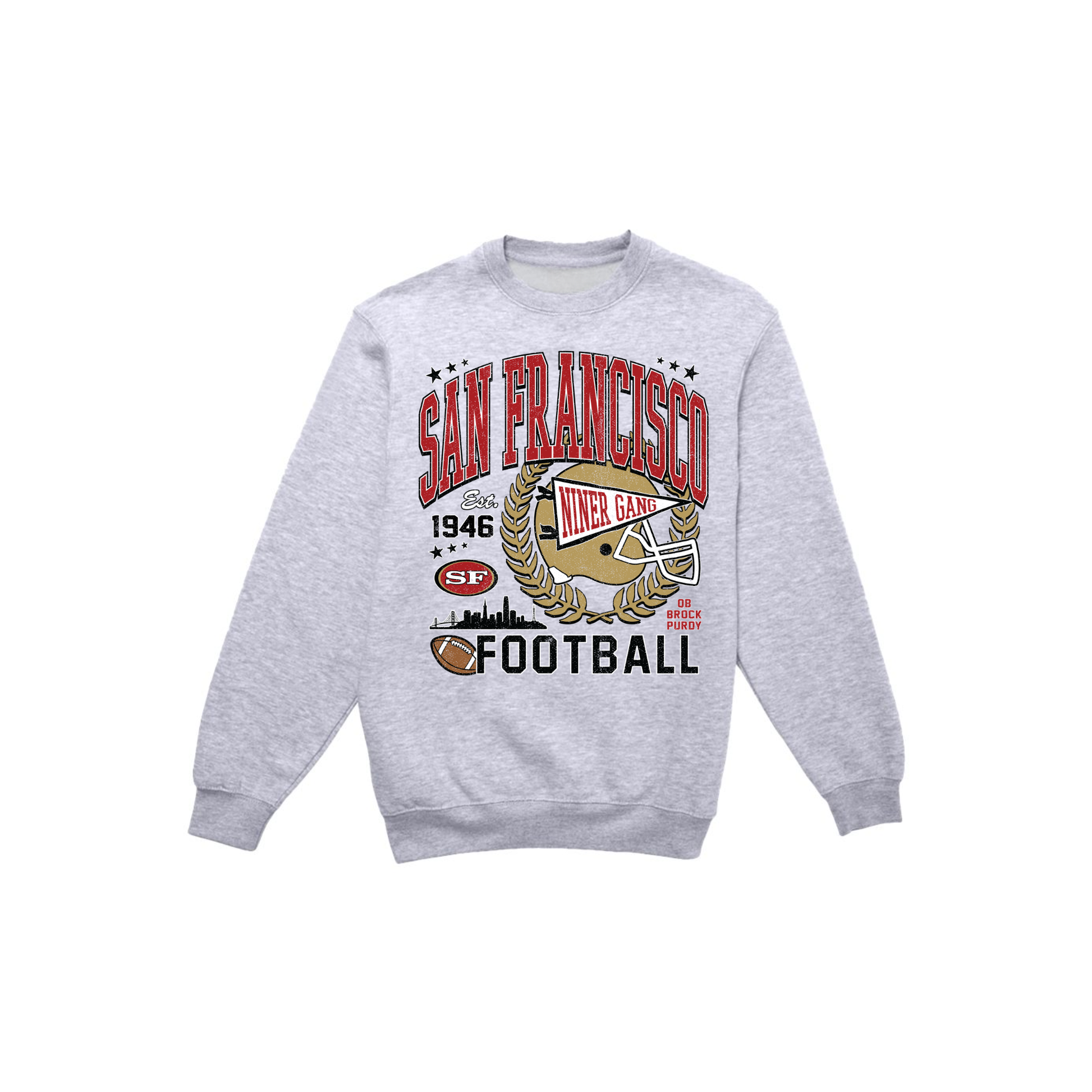 Heather gray San Francisco football sweatshirt with vintage red and gold game day graphic