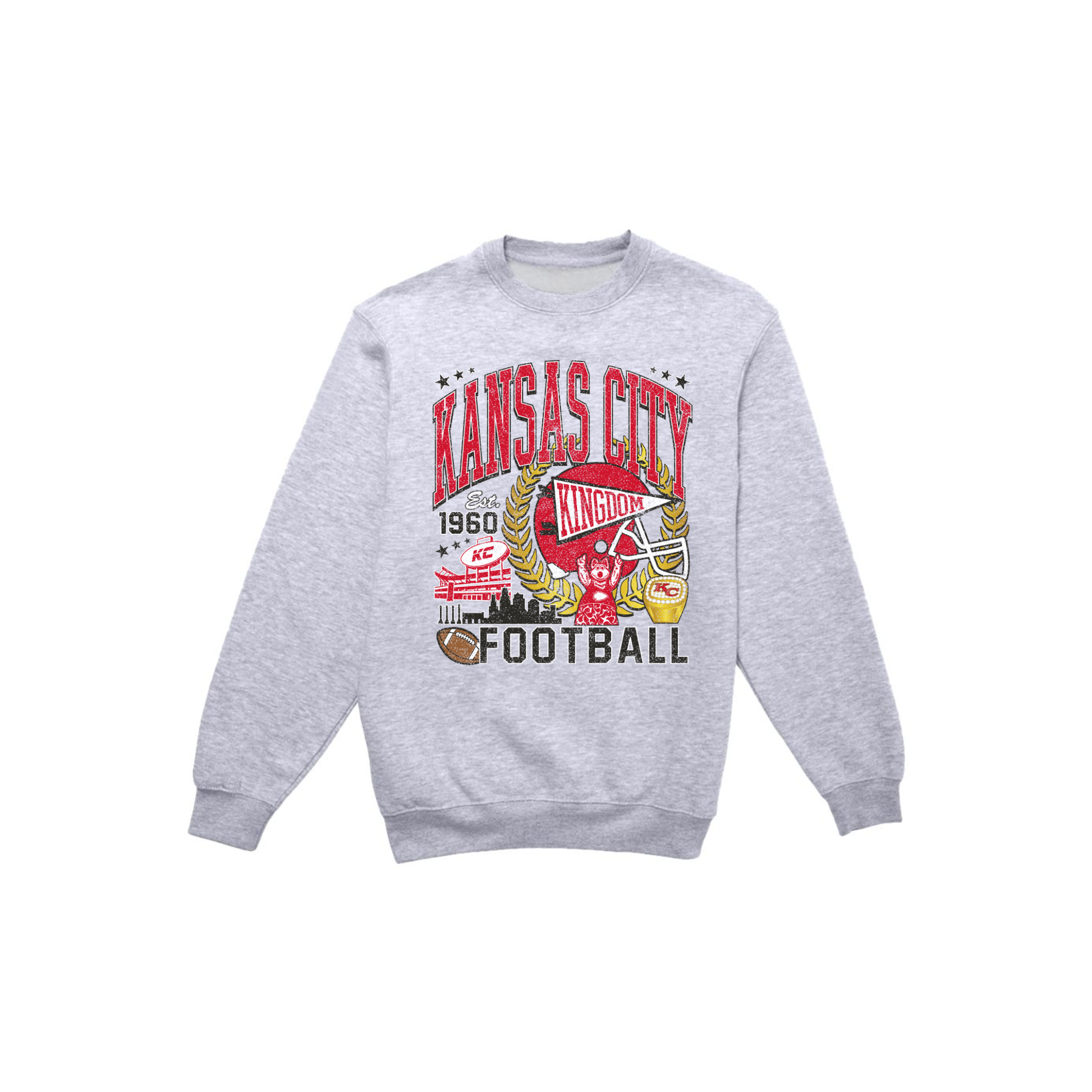 Heather gray Kansas City football crewneck sweatshirt with distressed vintage collegiate graphic