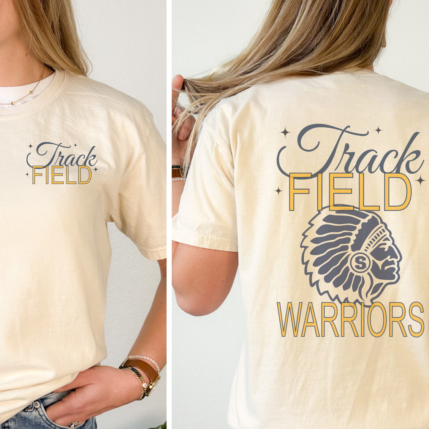 Back view of Track Field Warriors shirt featuring large school spirit graphic