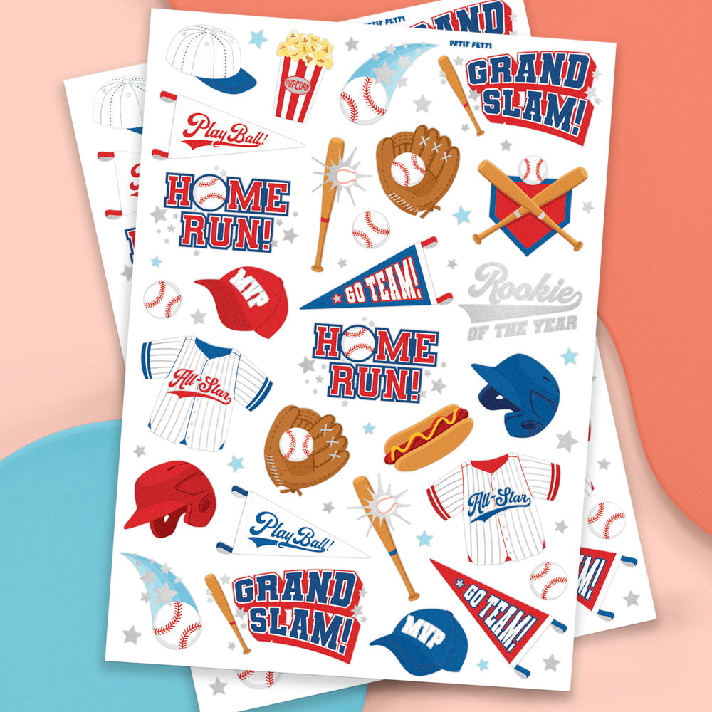 Baseball-themed temporary tattoos on a white sheet with colorful graphics against an orange and blue background.