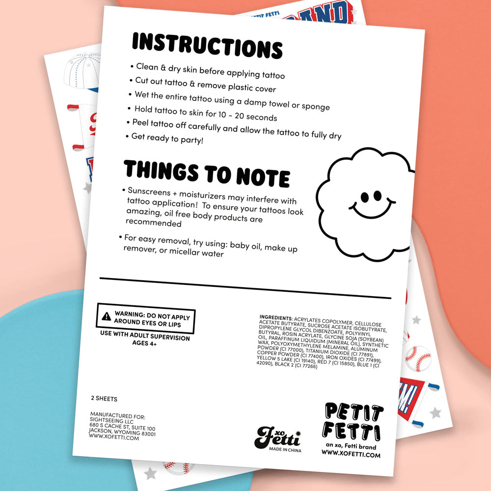 Petit Fetti tattoo application instructions sheet on a colorful background