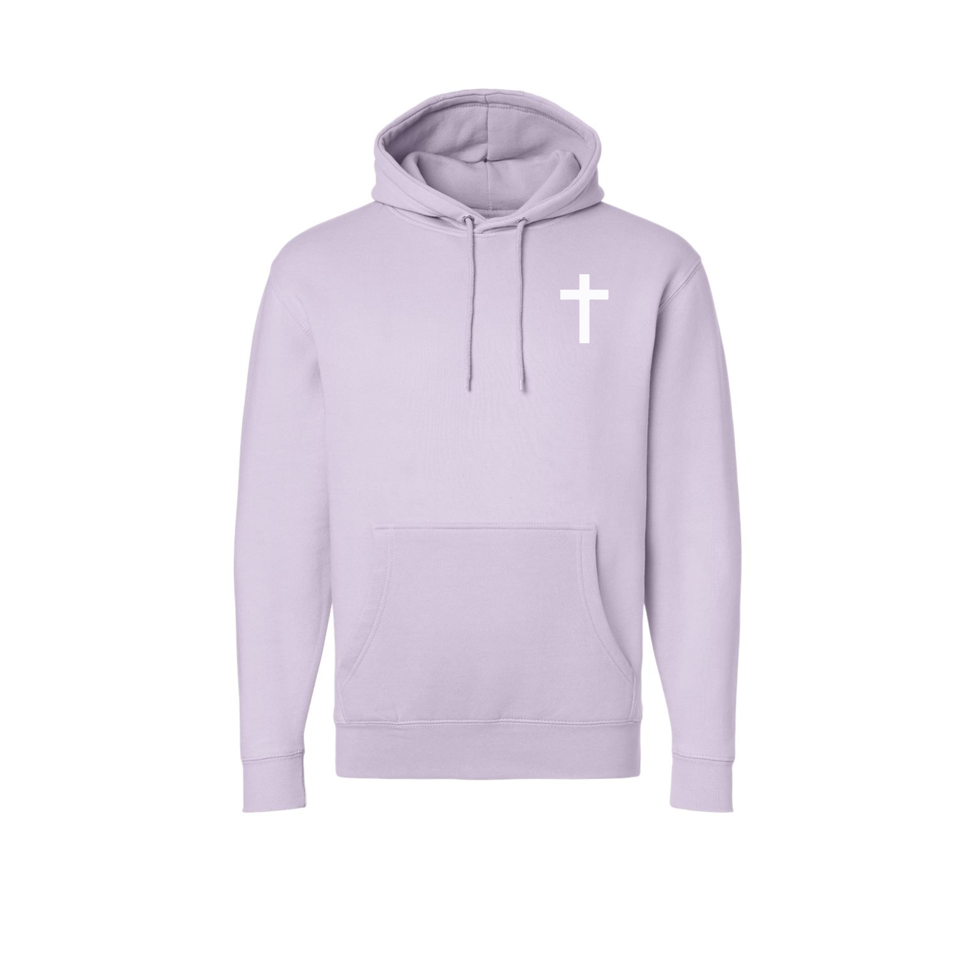 Front view of lilac premium fleece hoodie with white cross chest graphic.
