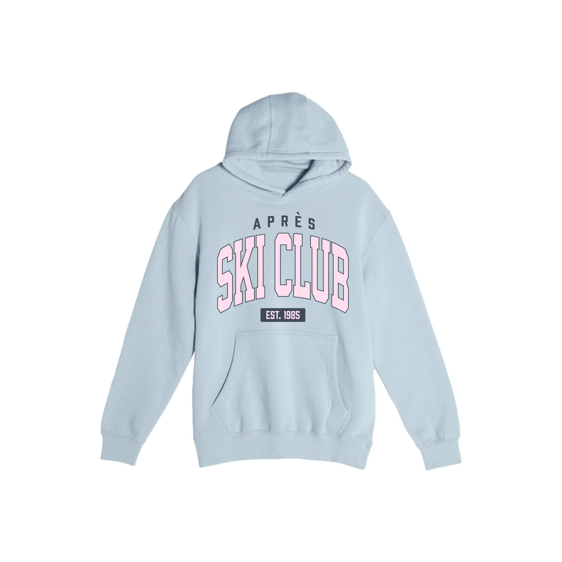 Blue Mist premium hoodie with a blush pink and navy Après Ski Club collegiate graphic.