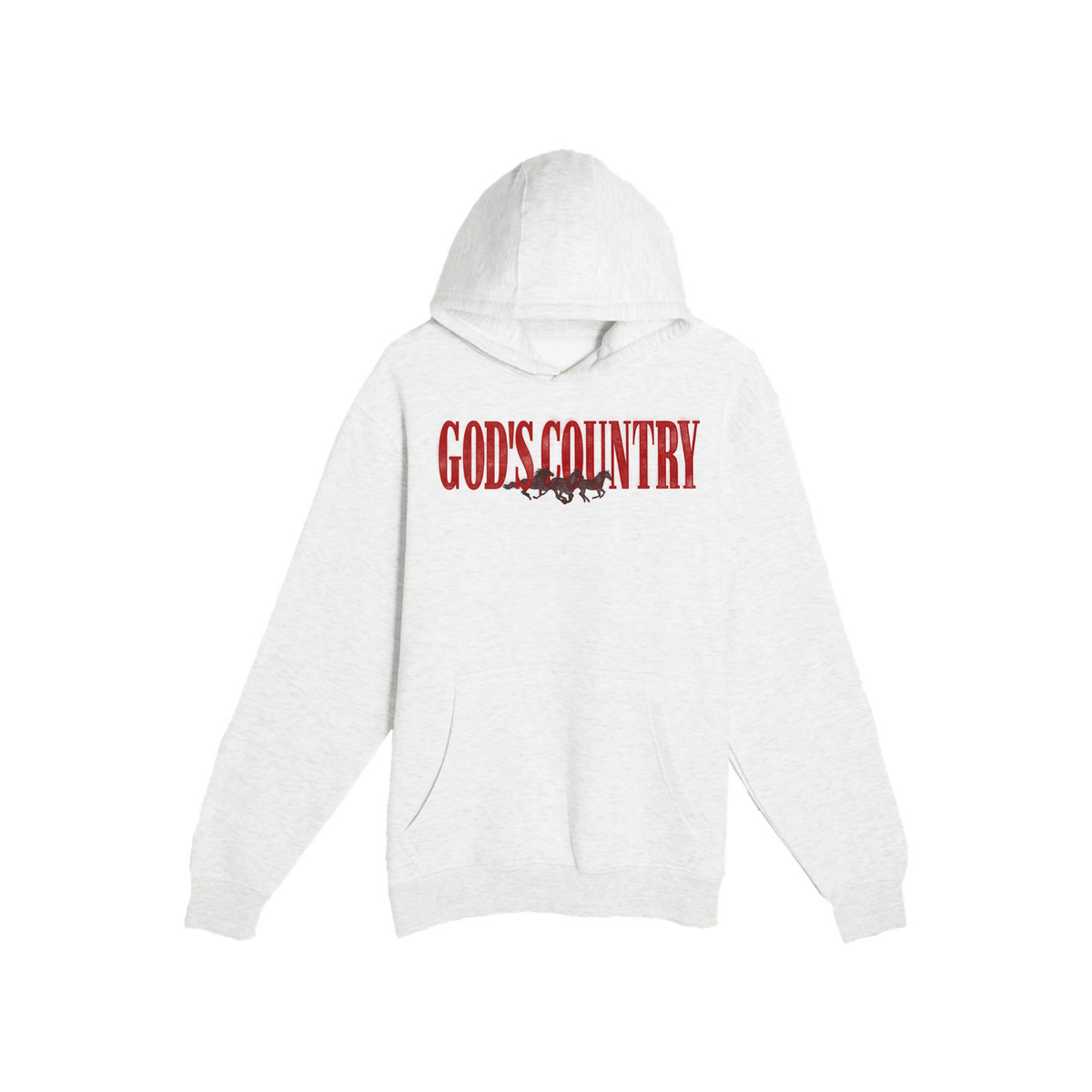 Oatmeal heather western graphic hoodie featuring red God's Country typography and galloping horse silhouettes