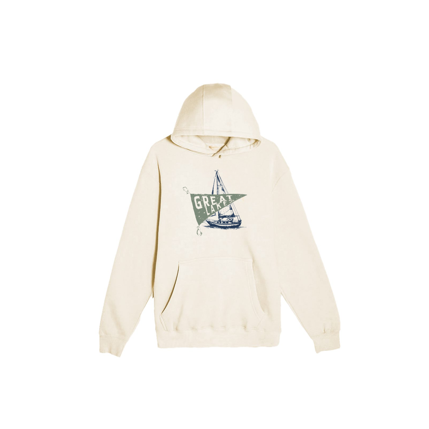 Sand heavyweight fleece Great Lakes hoodie featuring vintage sailboat and pennant graphic.