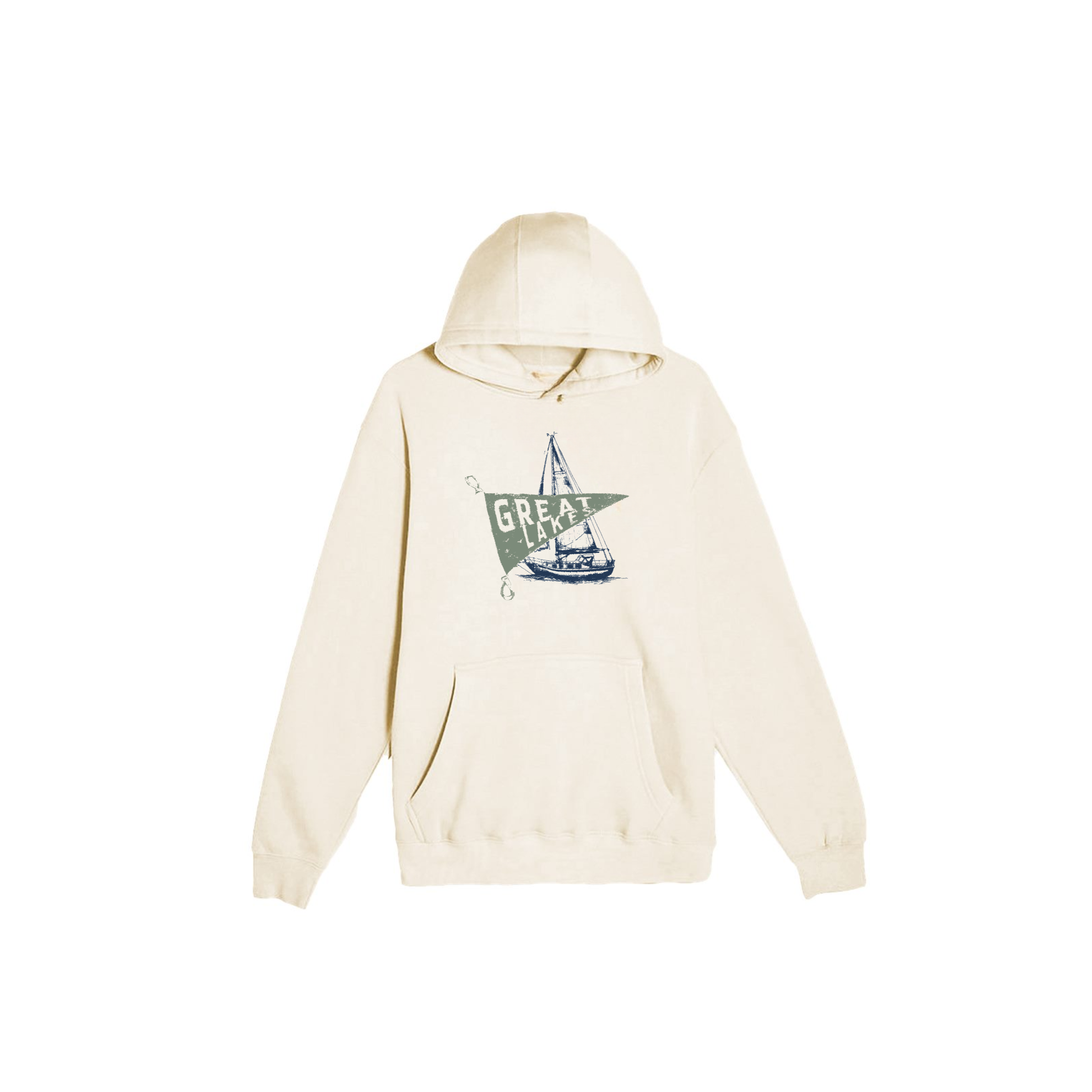 Sand heavyweight fleece Great Lakes hoodie featuring vintage sailboat and pennant graphic.