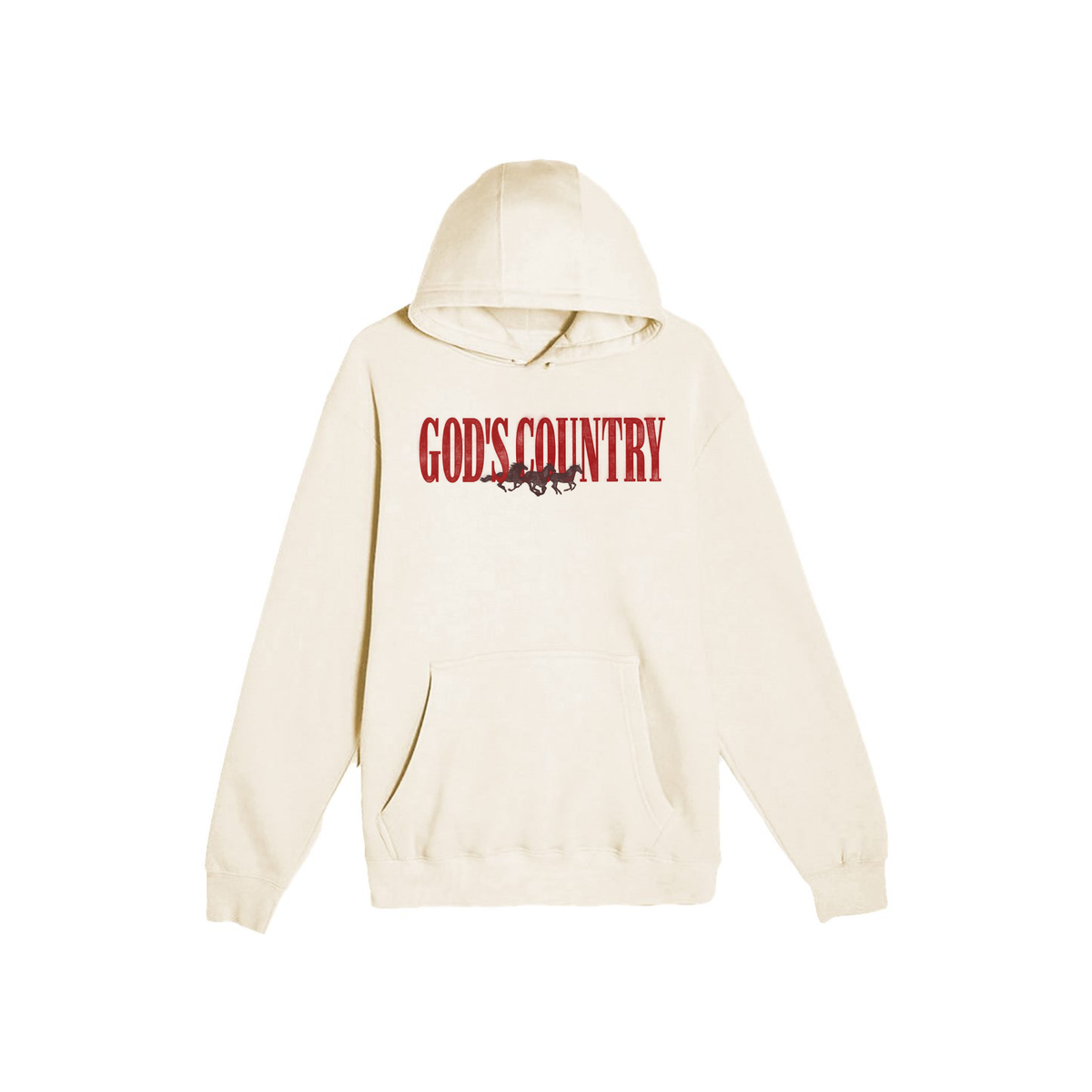 Sand-colored God's Country western pullover sweatshirt with vintage red lettering, running horses, and cozy fleece hood