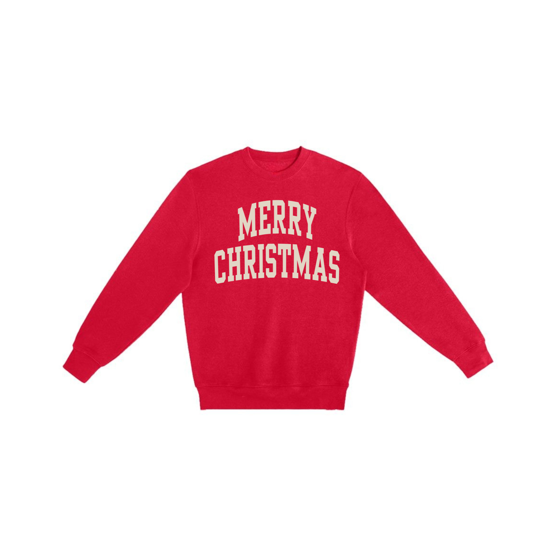 Forest green Merry Christmas varsity holiday sweatshirt with vintage collegiate lettering on a premium fleece crewneck.