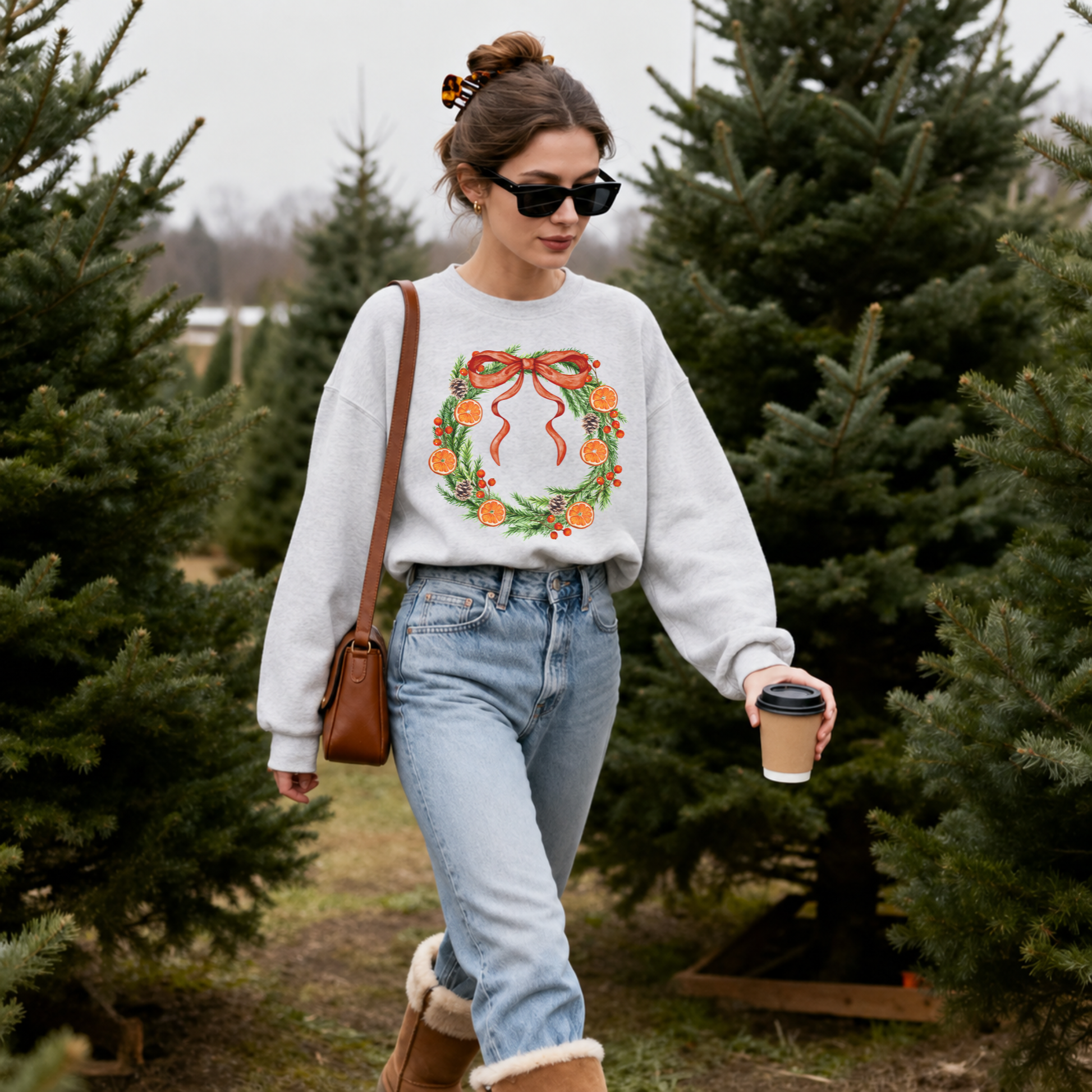 Woman wearing oatmeal heather Orange Grove Christmas Wreath Christmas sweatshirt outdoors.