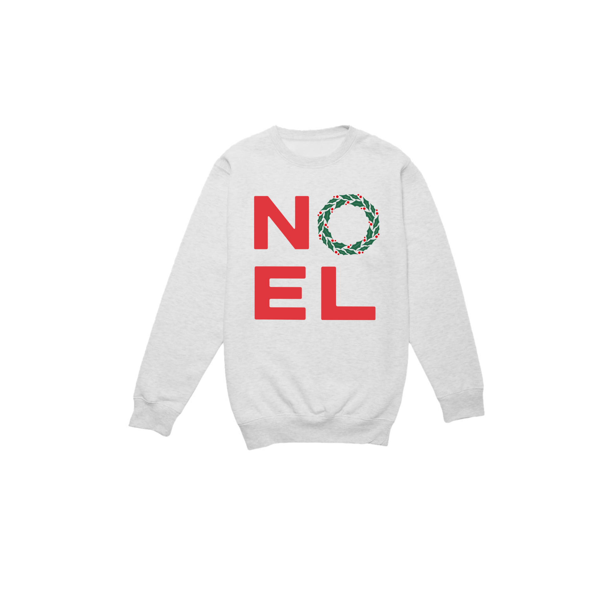 Oatmeal heather NOEL Christmas premium crewneck sweatshirt featuring bold red lettering with an evergreen wreath replacing the O.