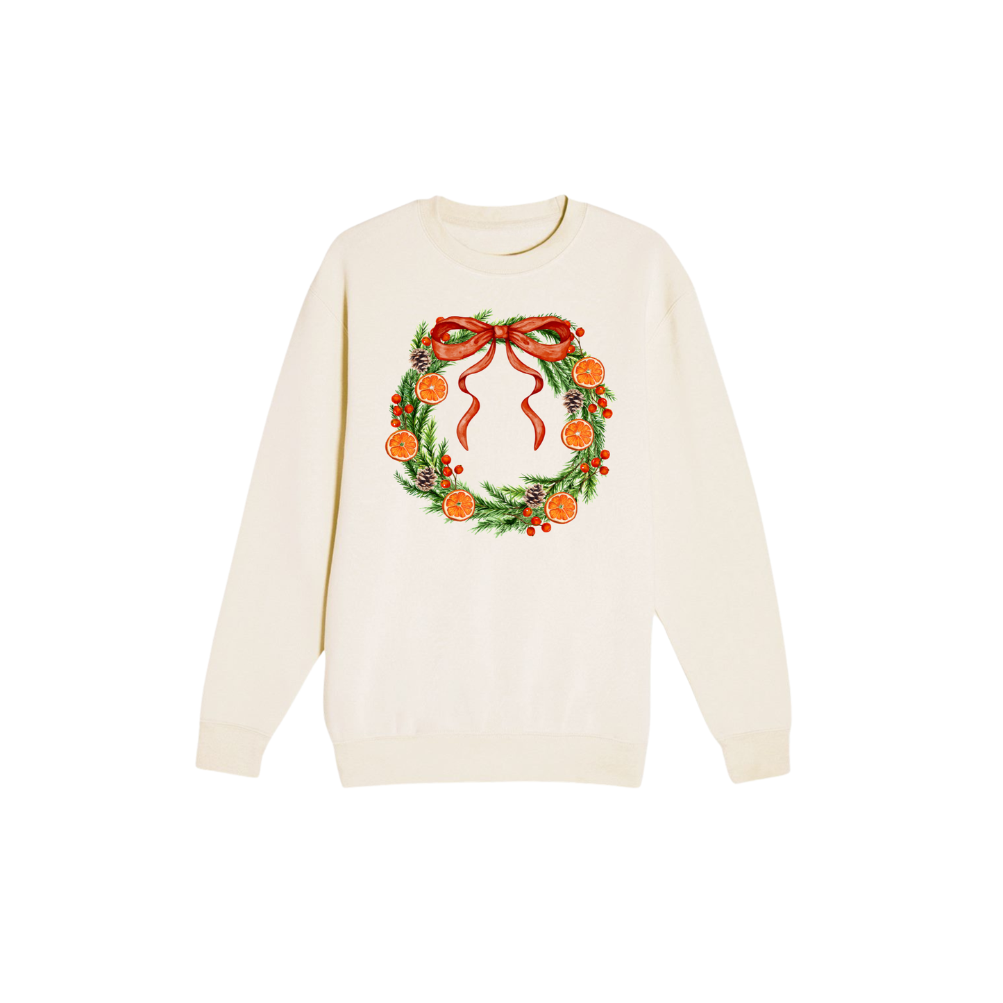 An off-white crewneck sweatshirt featuring a festive Christmas wreath graphic on the chest, complete with green pine branches, red berries, orange fruits, and a red bow, displayed against a solid white background.