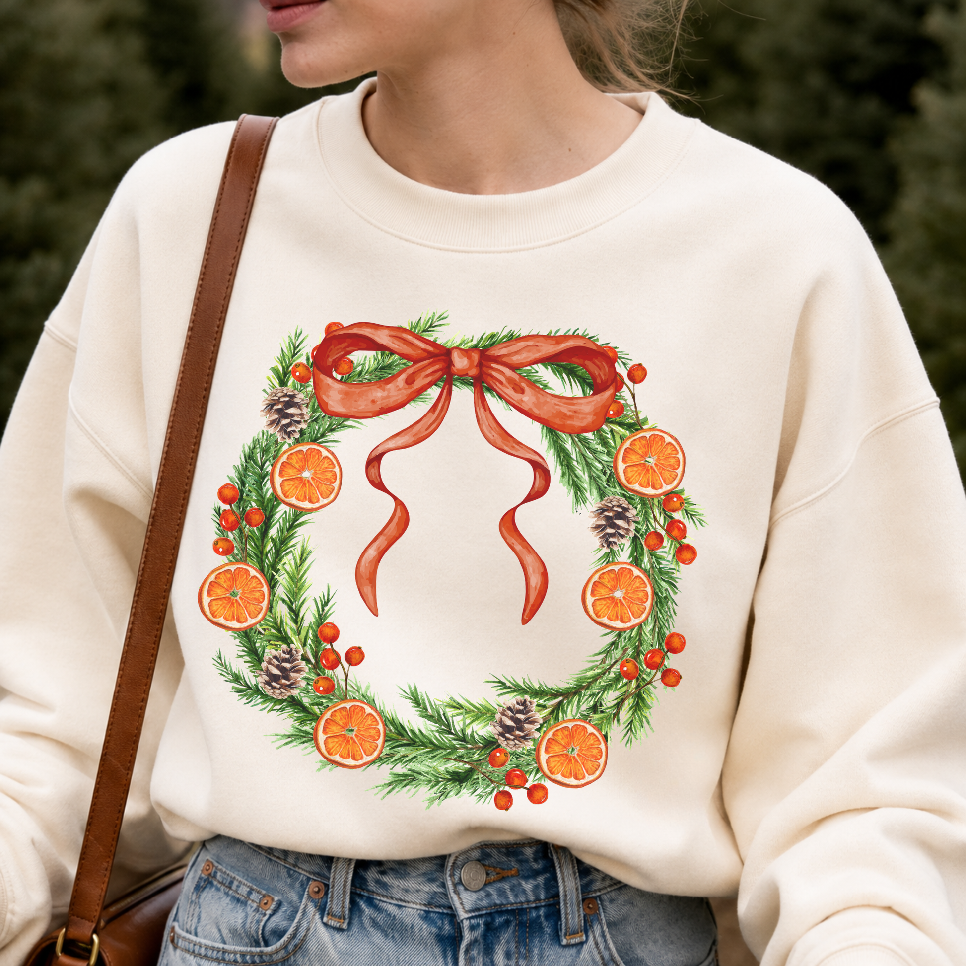 A person wearing an off-white crewneck sweatshirt with a festive Christmas wreath graphic featuring green pine branches, orange slices, red berries, pinecones, and a large red bow. The person is also wearing blue jeans and carrying a brown shoulder bag, set against a blurred outdoor background.