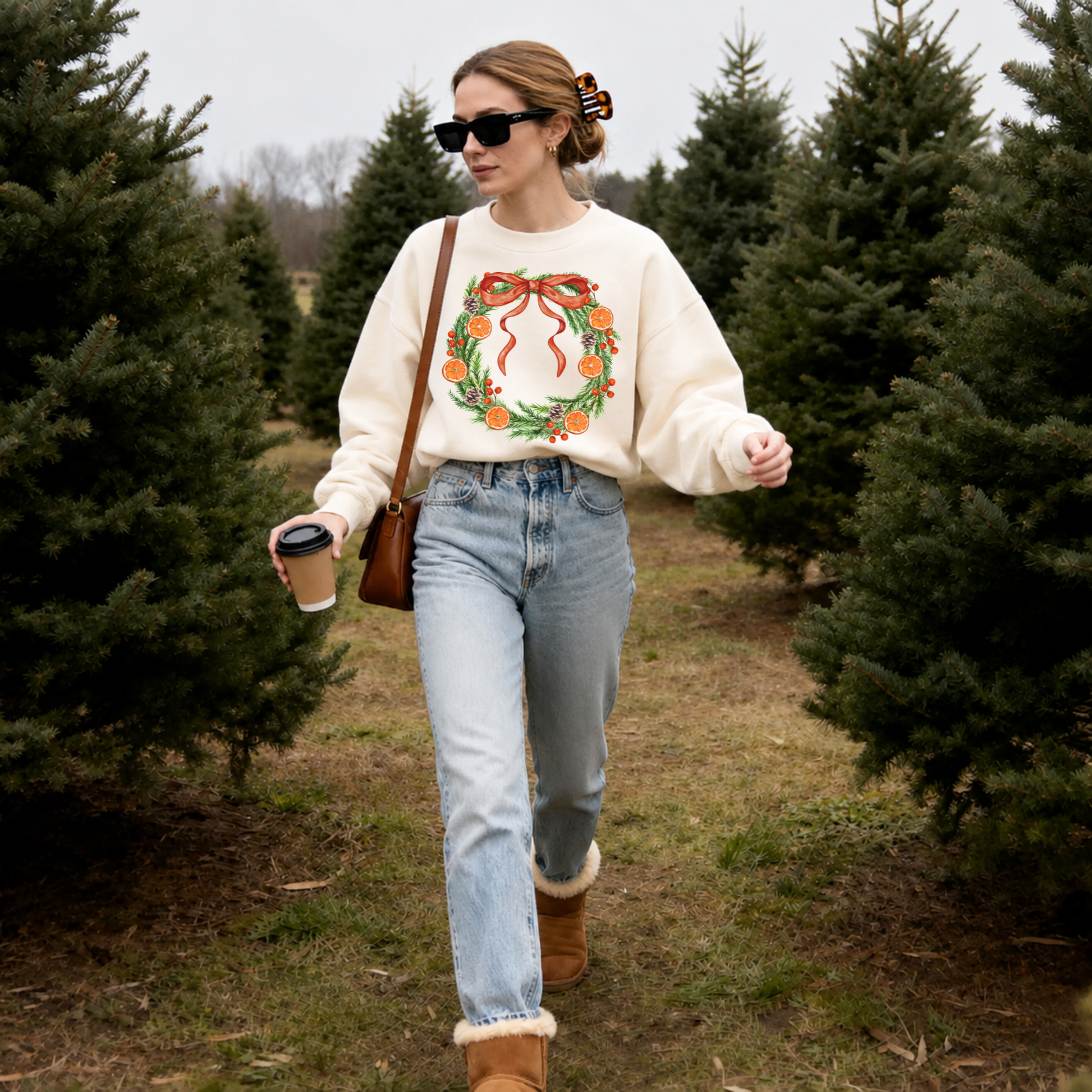 Lifestyle image of woman walking through a Christmas tree farm wearing Orange Grove Christmas Wreath crewneck sweatshirt.