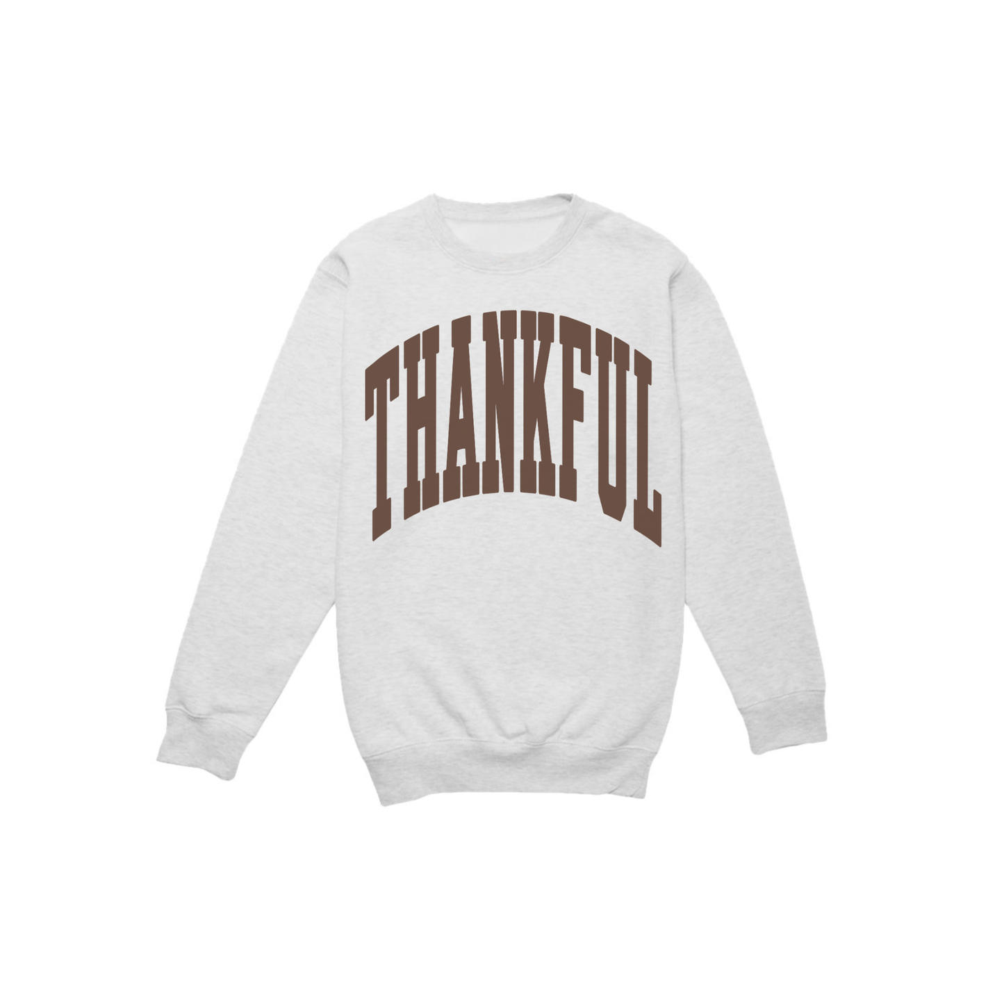 Oatmeal heather Thankful sweatshirt with oversized brown varsity-style lettering