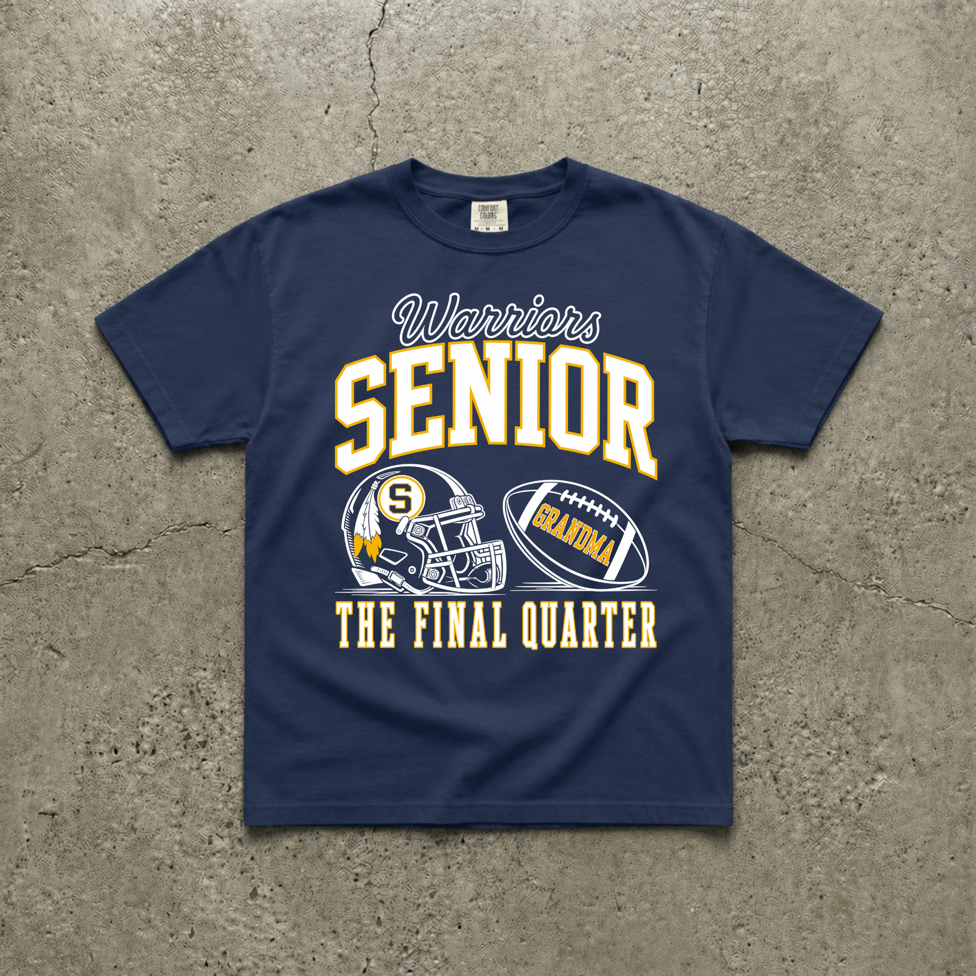 Navy game day t-shirt featuring a Warriors Senior Grandma 2027 football design with varsity lettering, football helmet, personalized football graphic, and "The Final Quarter" slogan.