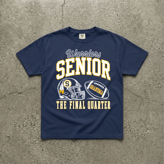 Navy game day t-shirt featuring a Warriors Senior Grandma 2027 football design with varsity lettering, football helmet, personalized football graphic, and "The Final Quarter" slogan.