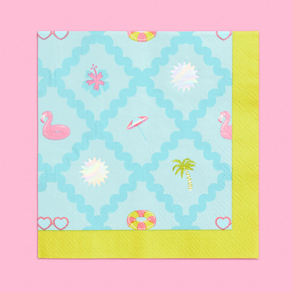 Decorative paper with beach-themed design on a pink background