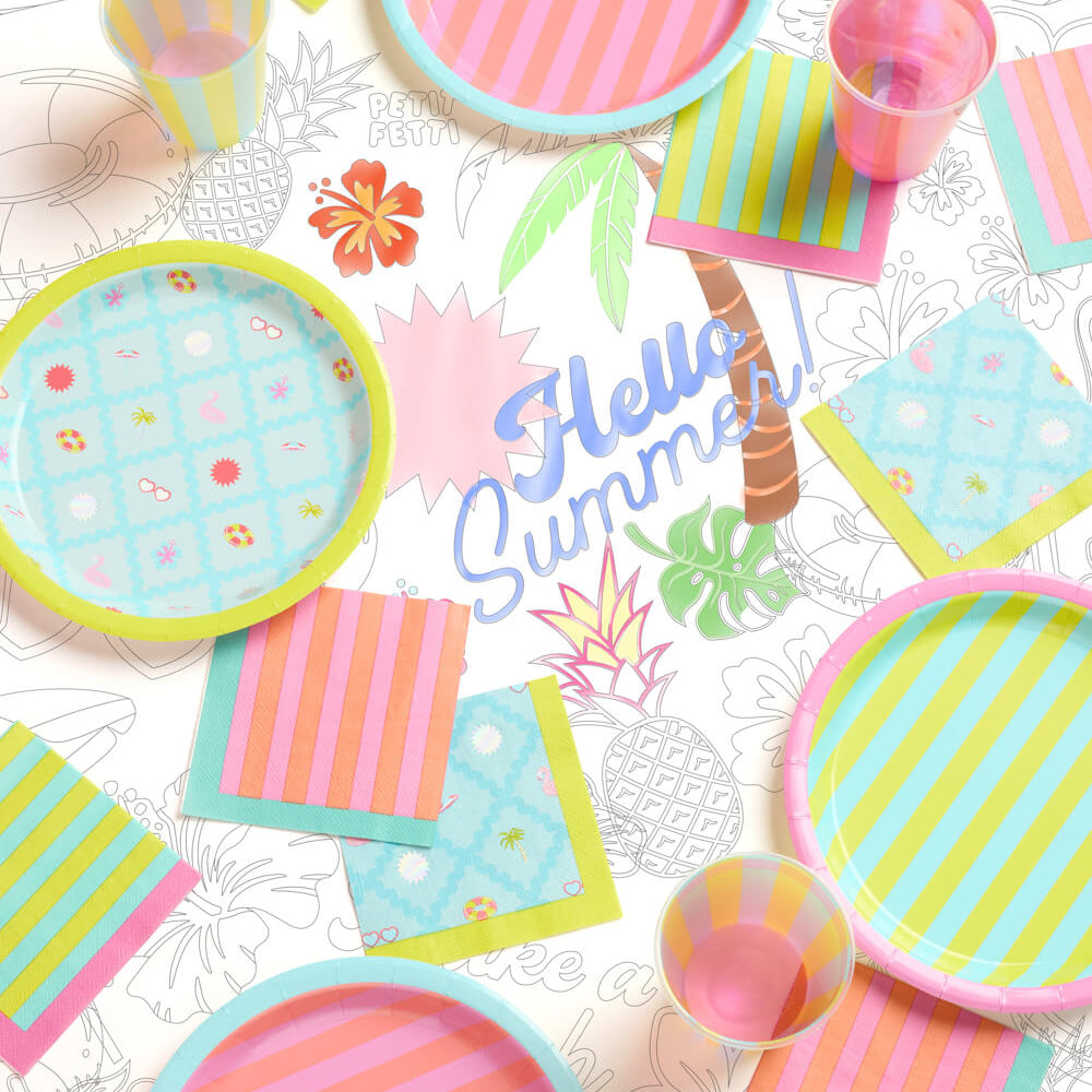 Colorful summer-themed paper plates, cups, and napkins with 'Hello Summer!' text on a white background.