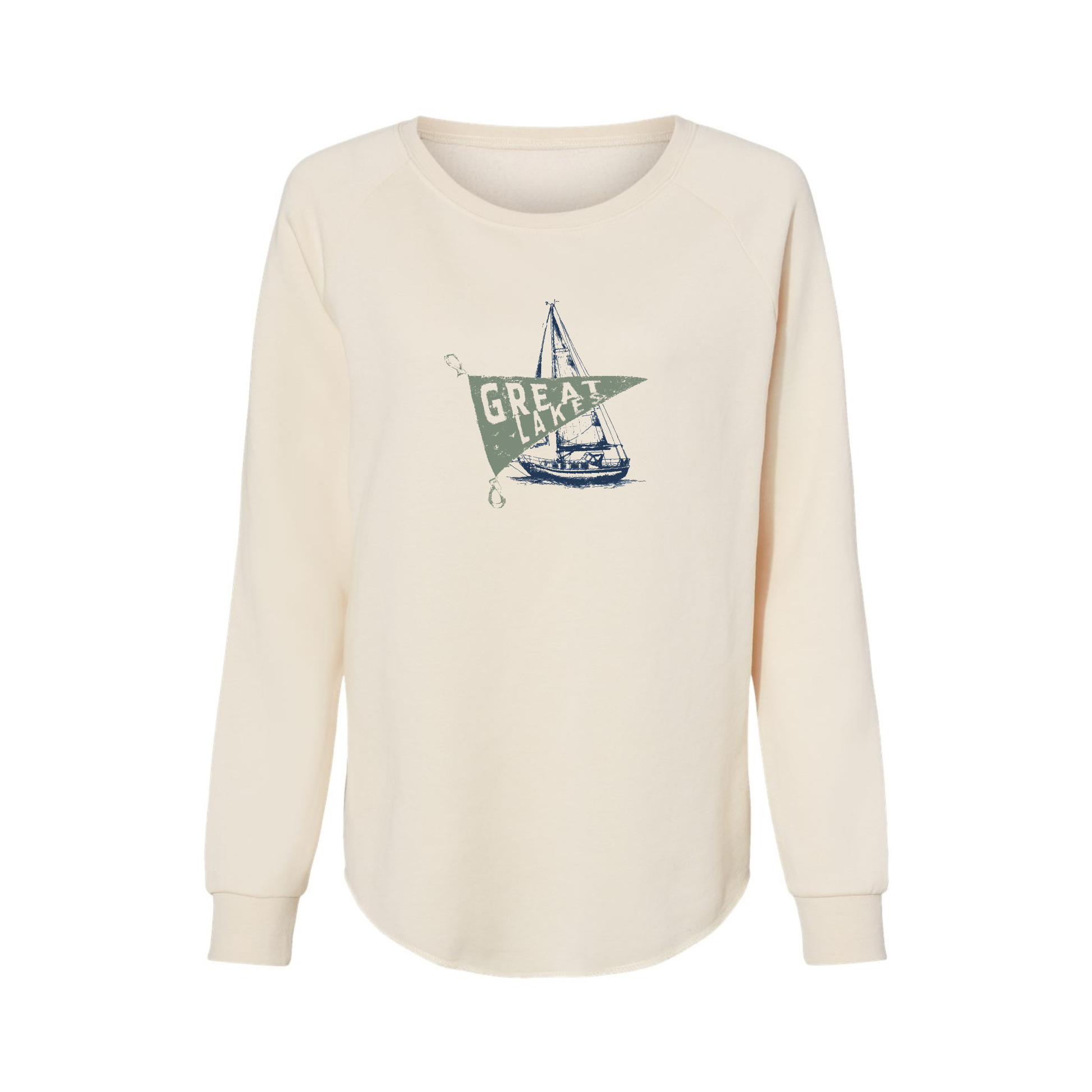 Bone premium Wave Wash crewneck sweatshirt featuring a distressed Great Lakes sailboat graphic on the front.