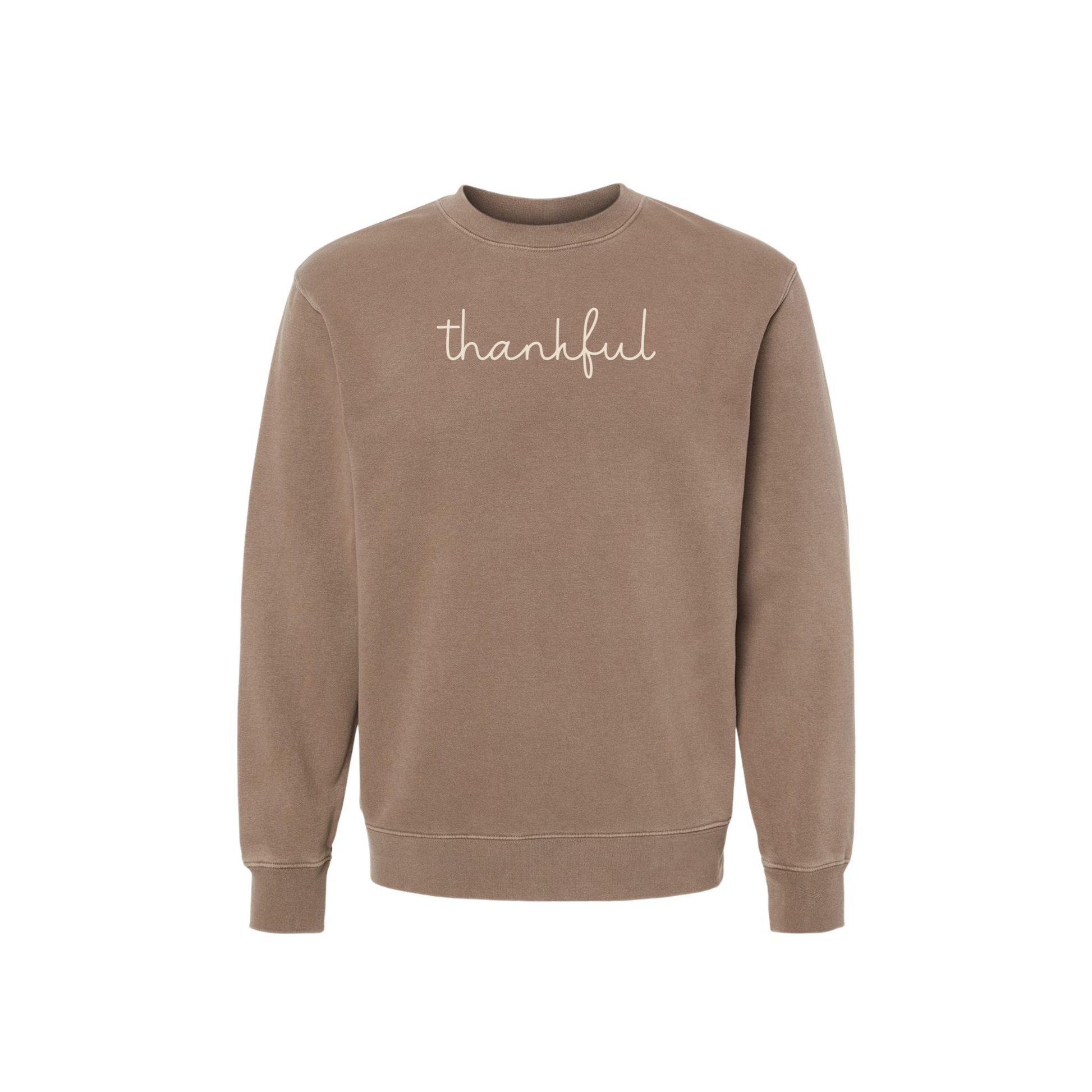 Thankful script pigment clay crewneck sweatshirt with cream graphic for fall and Thanksgiving