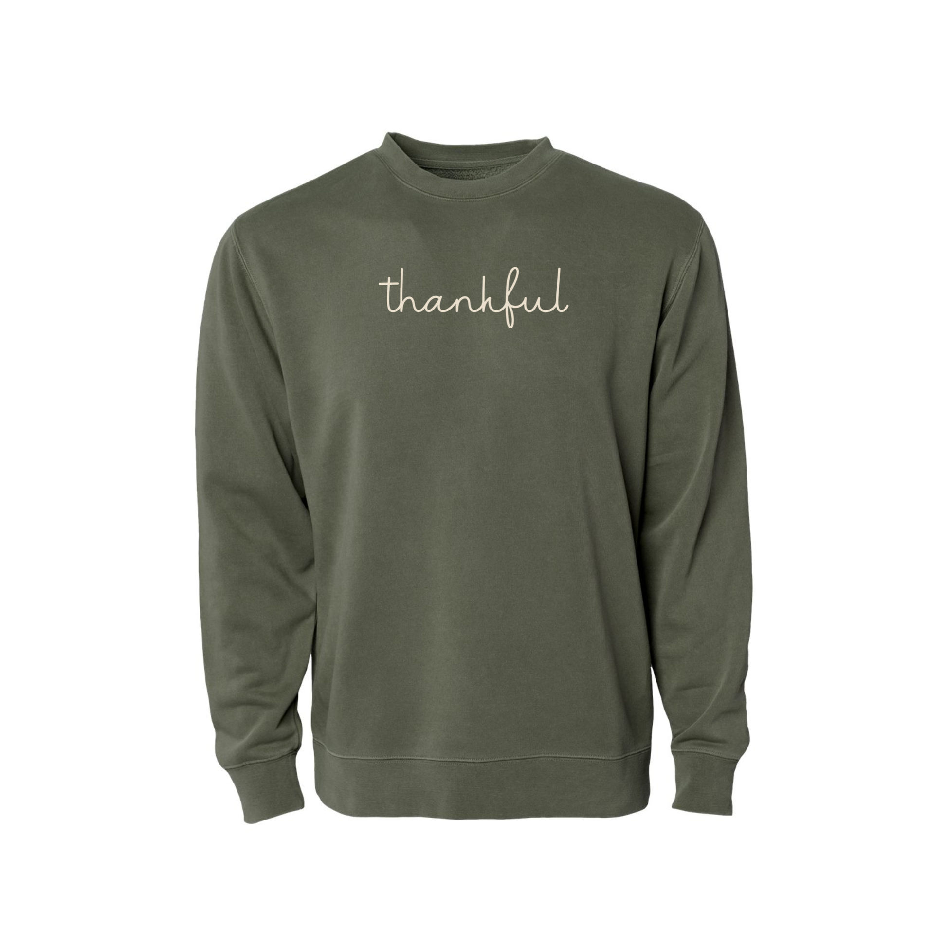 Thankful script pigment army green crewneck sweatshirt with cream graphic for fall and Thanksgiving