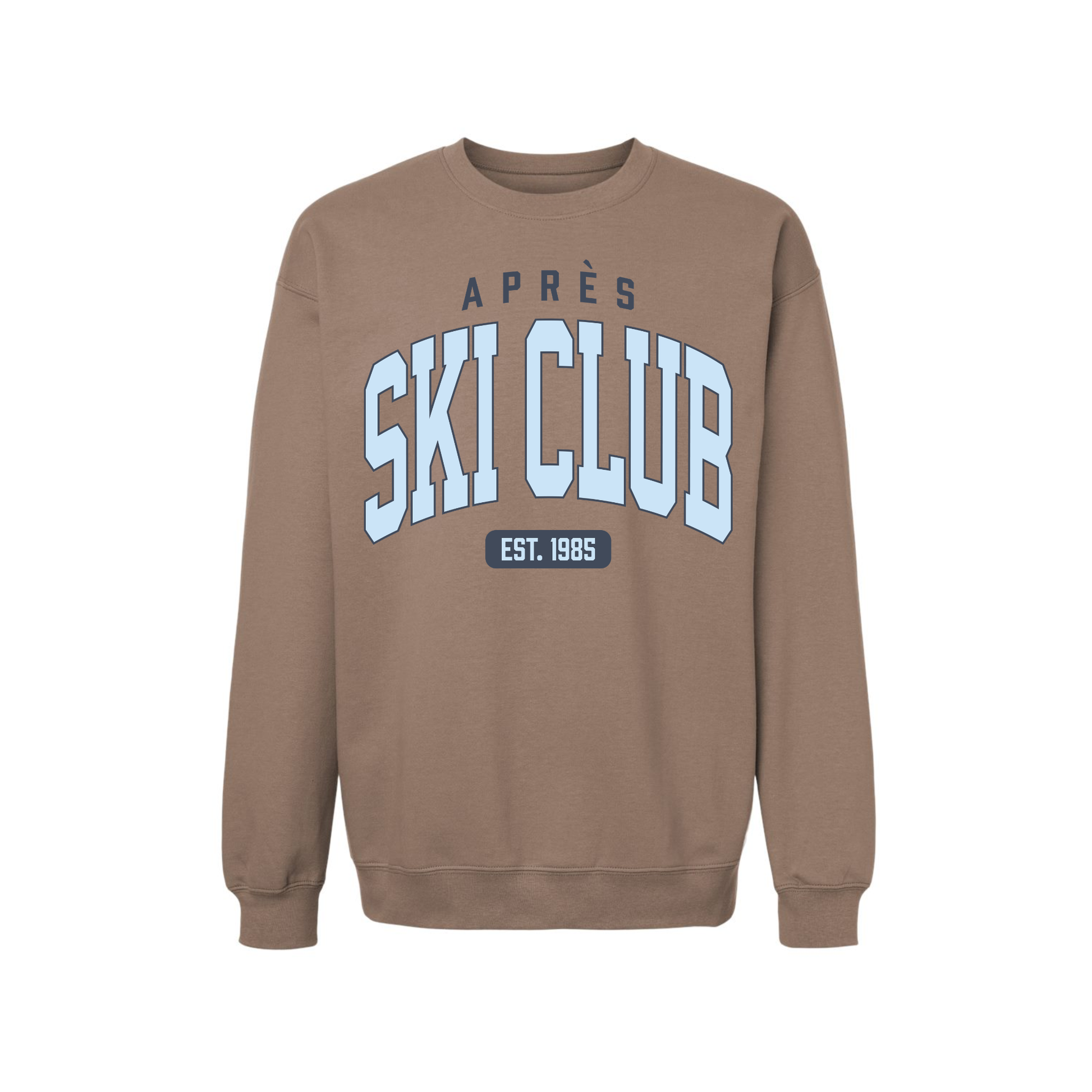 Brown Savana Après Ski Club graphic sweatshirt with vintage ski lodge inspired blue lettering.