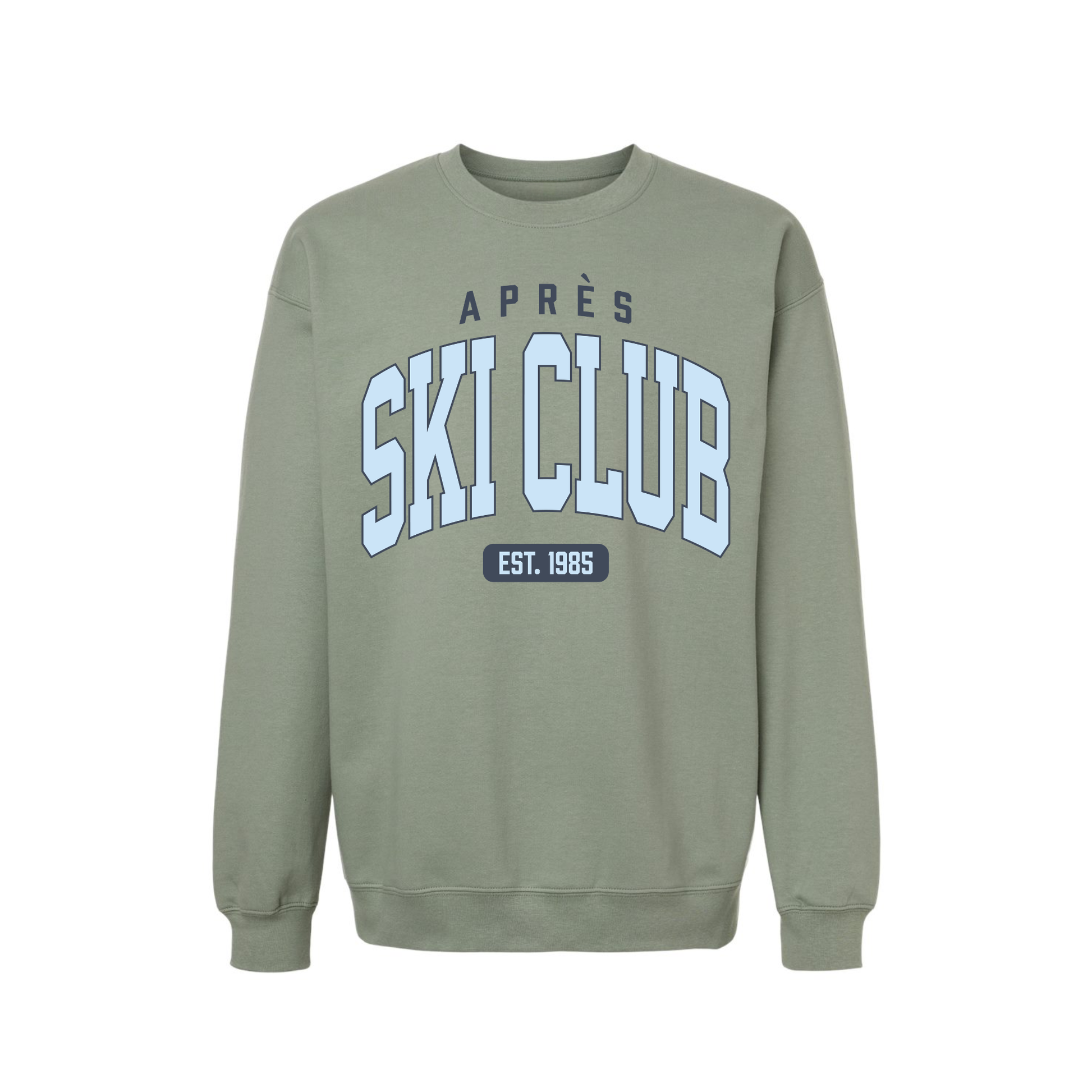 Sage green Après Ski Club crewneck featuring a blue collegiate winter graphic for cozy mountain style.